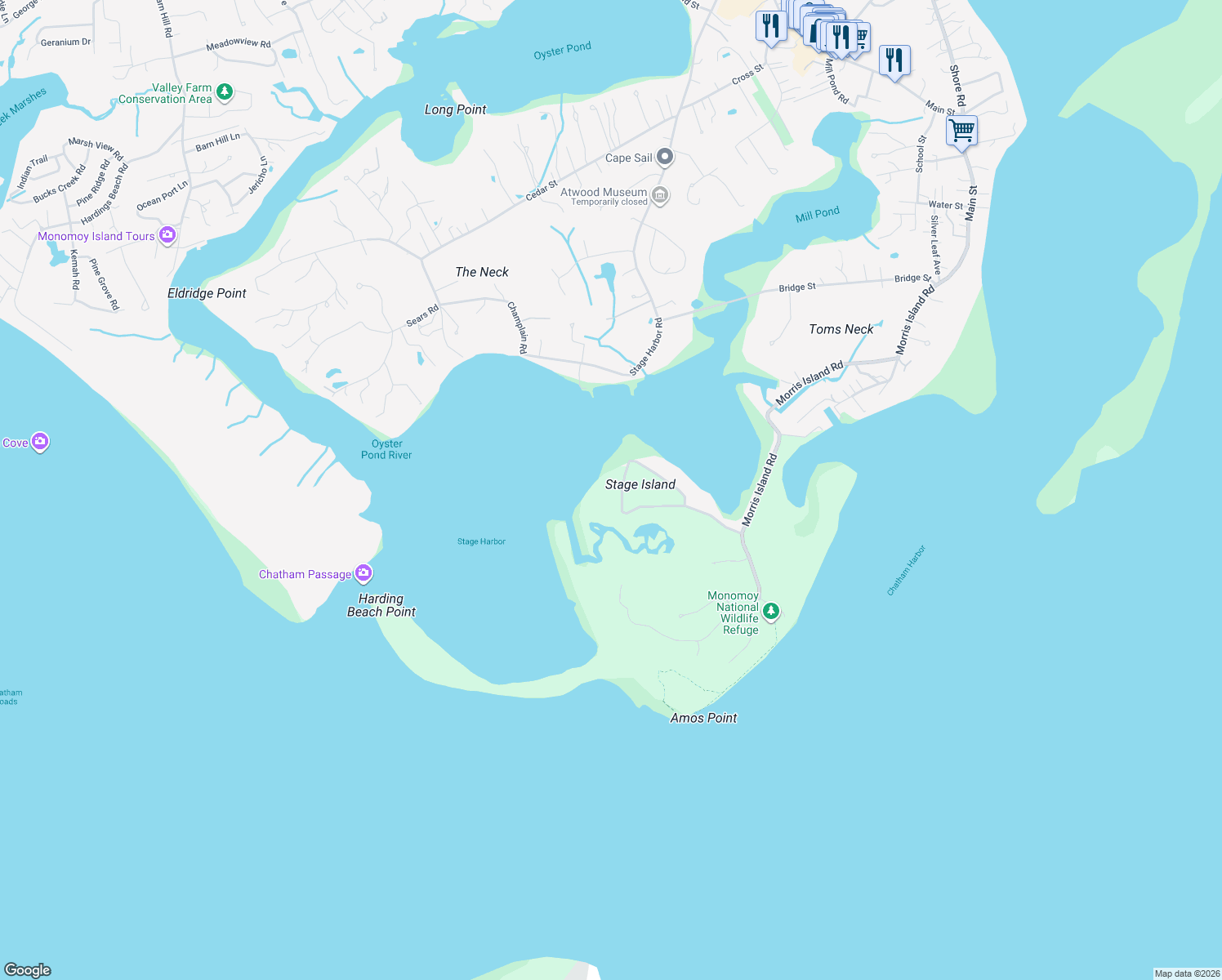 map of restaurants, bars, coffee shops, grocery stores, and more near 230 Stage Island Road in Chatham