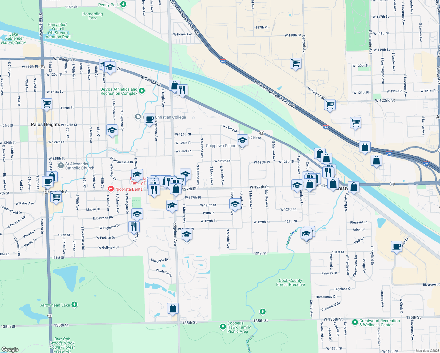 map of restaurants, bars, coffee shops, grocery stores, and more near 12600 South Meade Avenue in Palos Heights