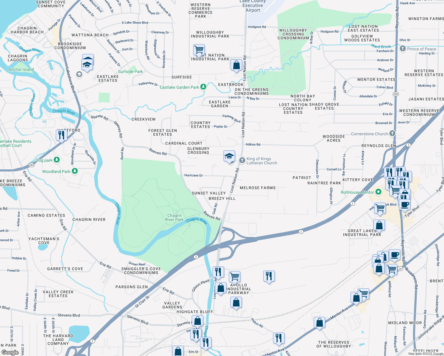 map of restaurants, bars, coffee shops, grocery stores, and more near 38316 Hurricane Drive in Willoughby