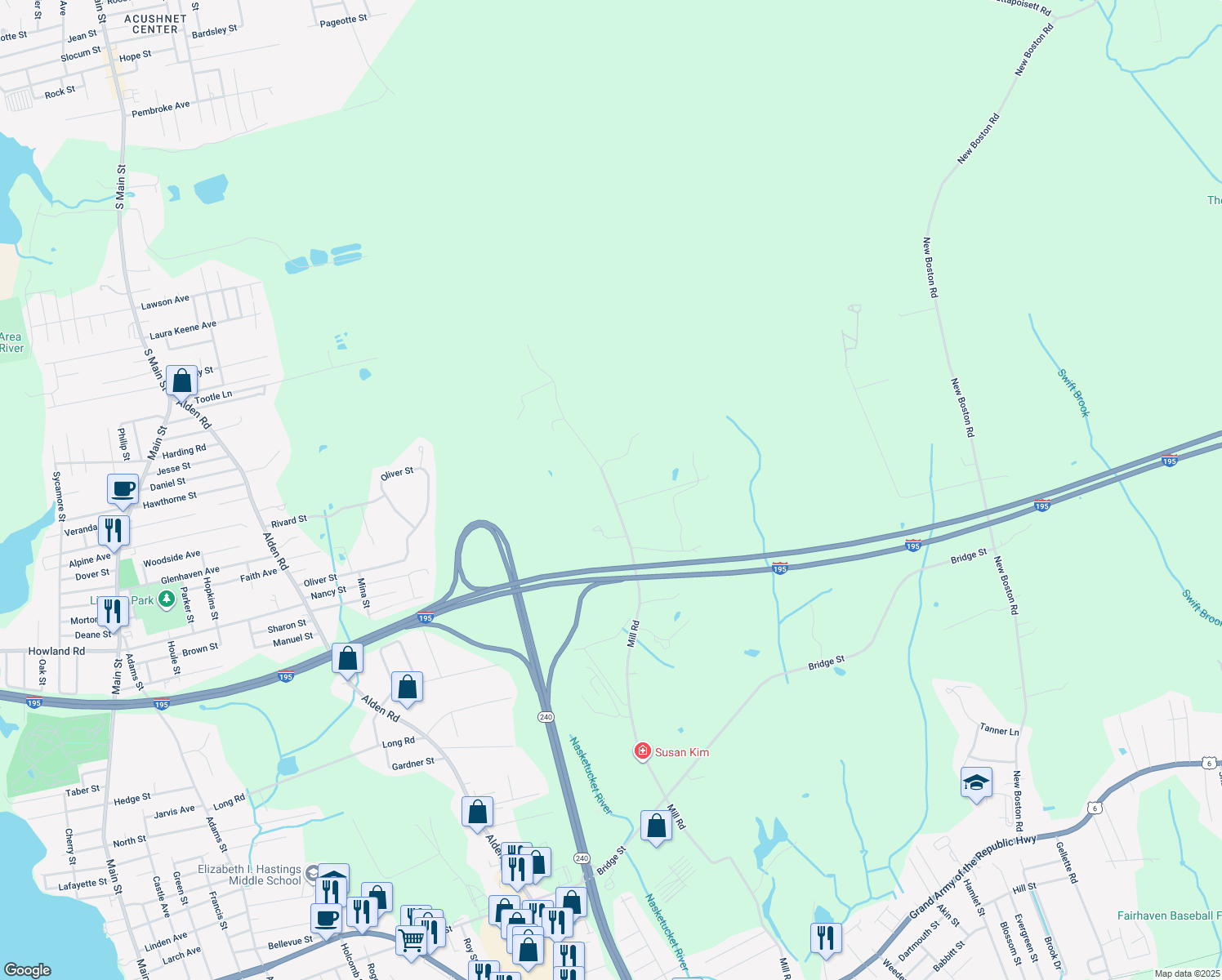 map of restaurants, bars, coffee shops, grocery stores, and more near 289 Mill Road in Fairhaven