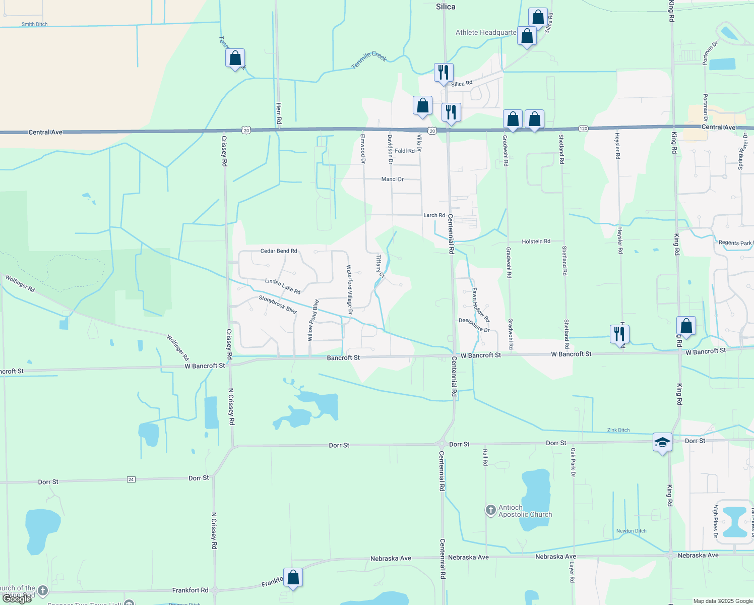 map of restaurants, bars, coffee shops, grocery stores, and more near 2400 Tiffany Village Blvd in Sylvania