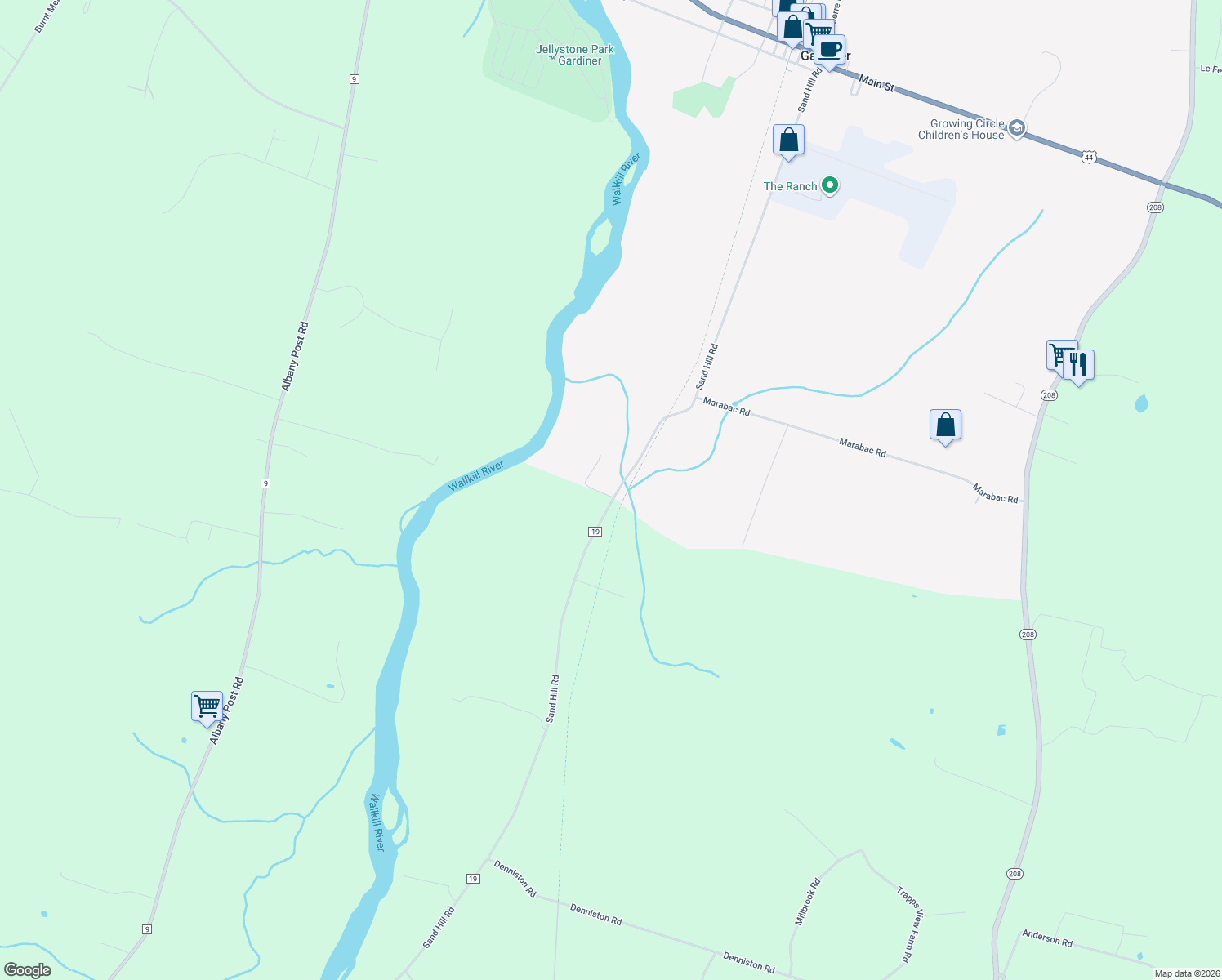 map of restaurants, bars, coffee shops, grocery stores, and more near 448 Sand Hill Road in Gardiner