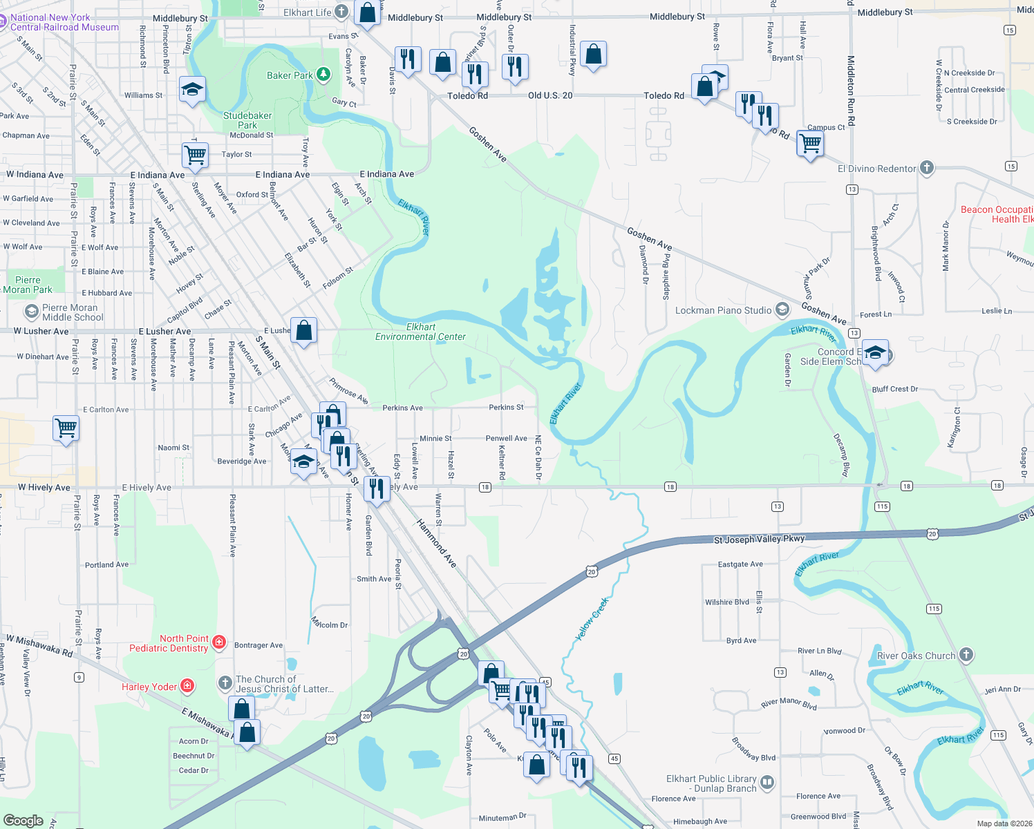 map of restaurants, bars, coffee shops, grocery stores, and more near 24580 Perkins Street in Elkhart