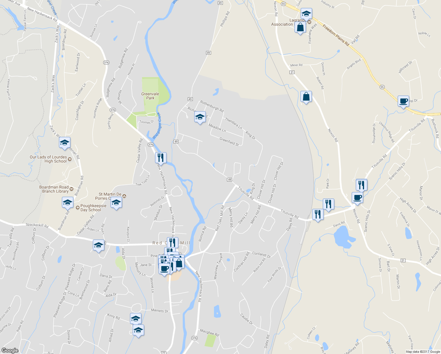 map of restaurants, bars, coffee shops, grocery stores, and more near 192 Titusville Road in Poughkeepsie