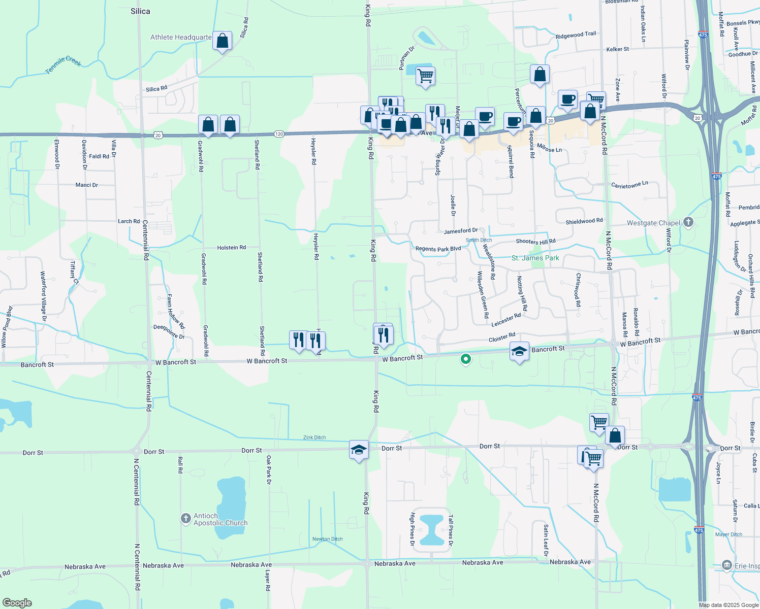 map of restaurants, bars, coffee shops, grocery stores, and more near 2365 Whispering Pines Drive in Toledo