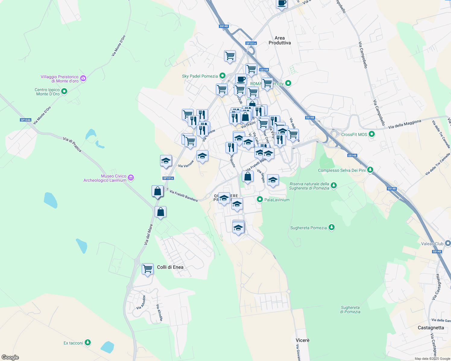 map of restaurants, bars, coffee shops, grocery stores, and more near 42 Via Ugo La Malfa in Pomezia