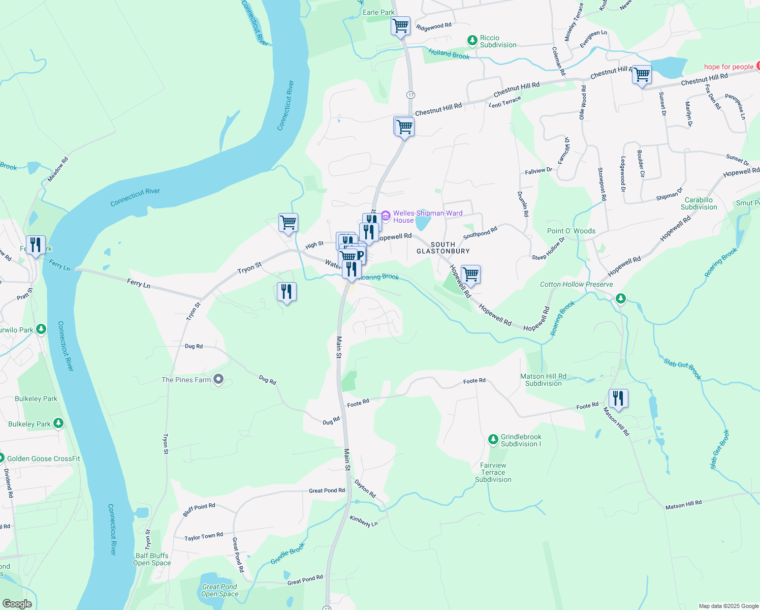map of restaurants, bars, coffee shops, grocery stores, and more near 120 South Mill Drive in Glastonbury