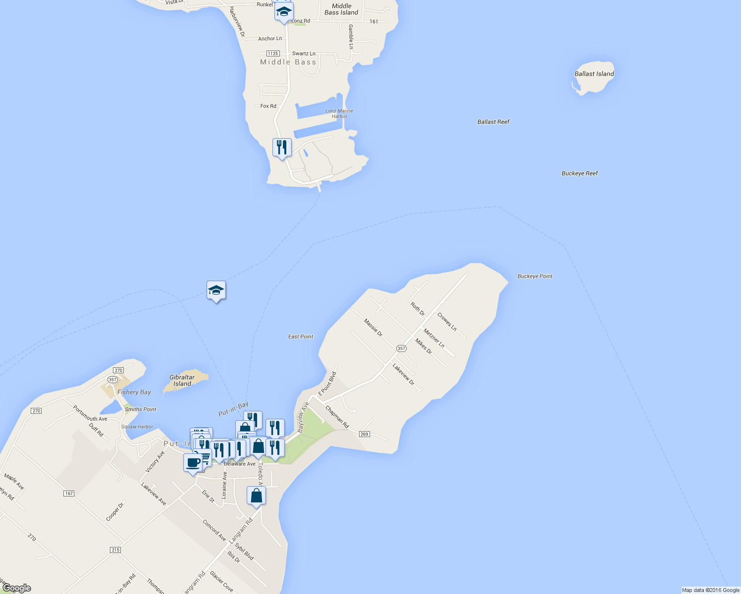 map of restaurants, bars, coffee shops, grocery stores, and more near 721 Mikes Dr in Put-in-Bay