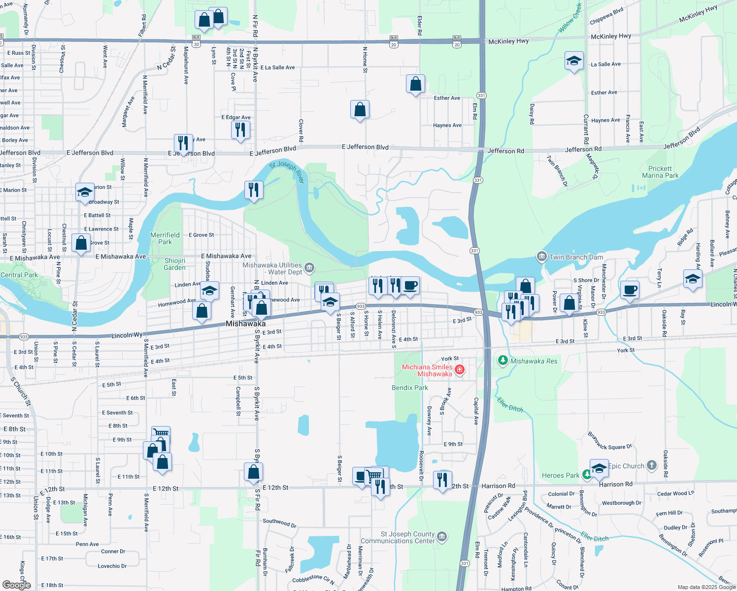 map of restaurants, bars, coffee shops, grocery stores, and more near 1803 Homewood Avenue in Mishawaka