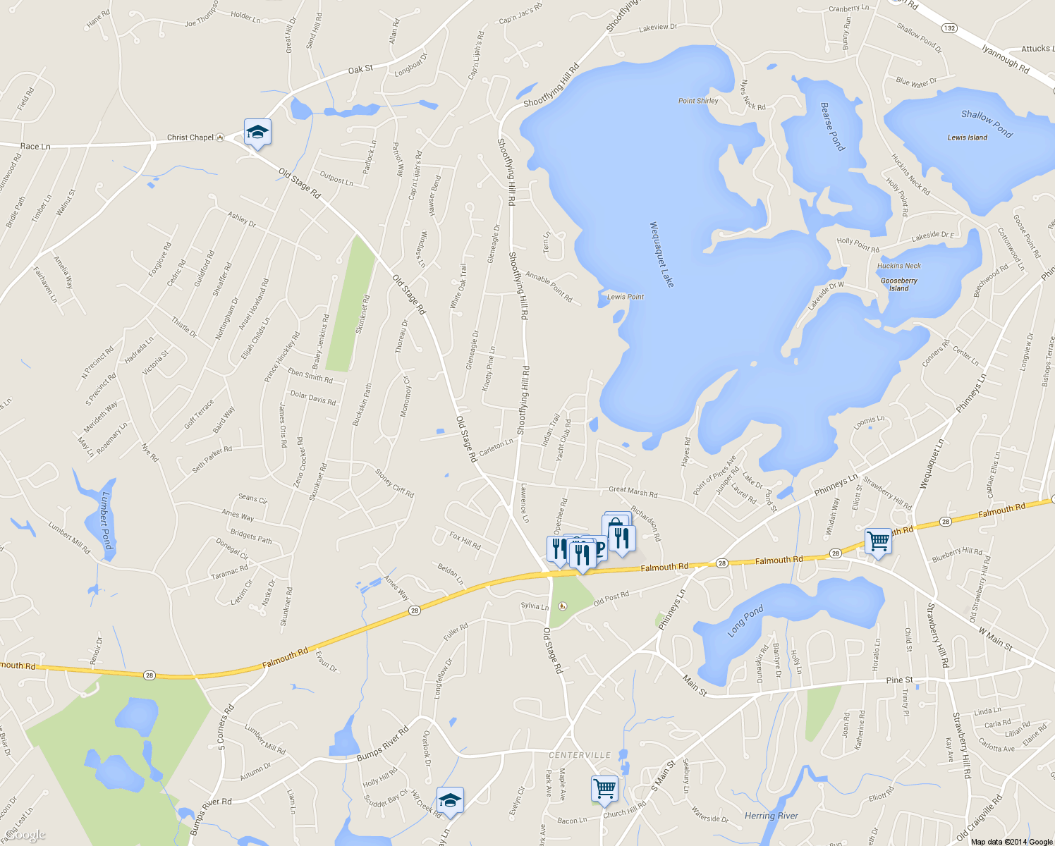 map of restaurants, bars, coffee shops, grocery stores, and more near 1108 Shootflying Hill Road in Barnstable