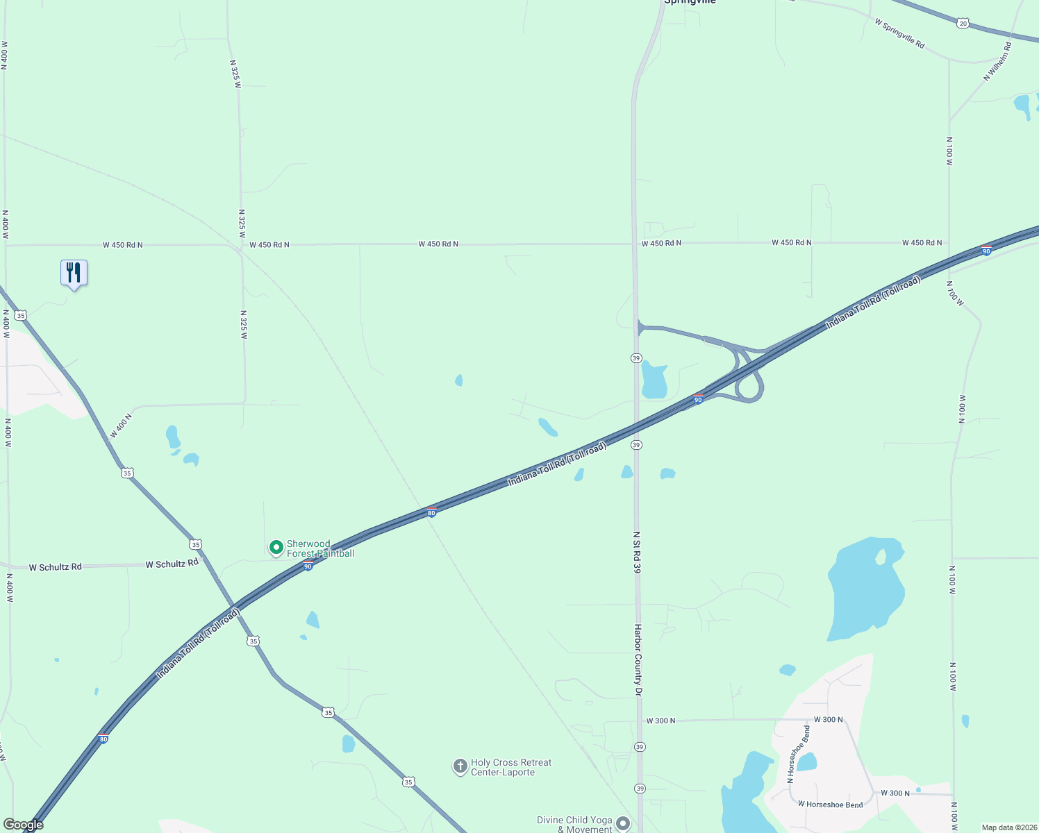 map of restaurants, bars, coffee shops, grocery stores, and more near W Rue Du Lac Ct in LaPorte