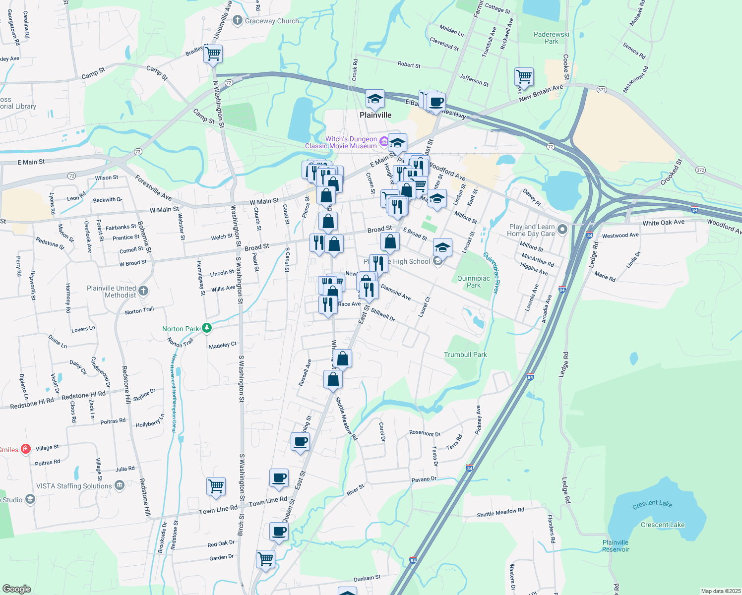 map of restaurants, bars, coffee shops, grocery stores, and more near 177 East St in Plainville