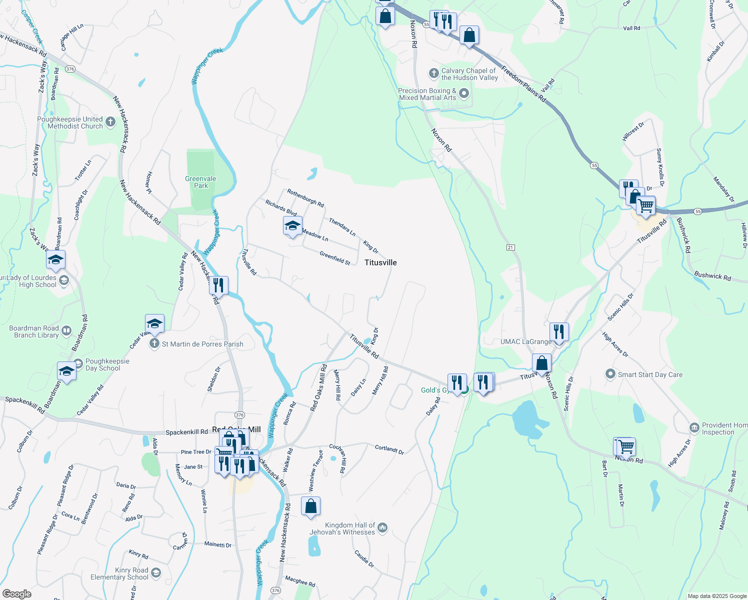 map of restaurants, bars, coffee shops, grocery stores, and more near 52 King Drive in Poughkeepsie