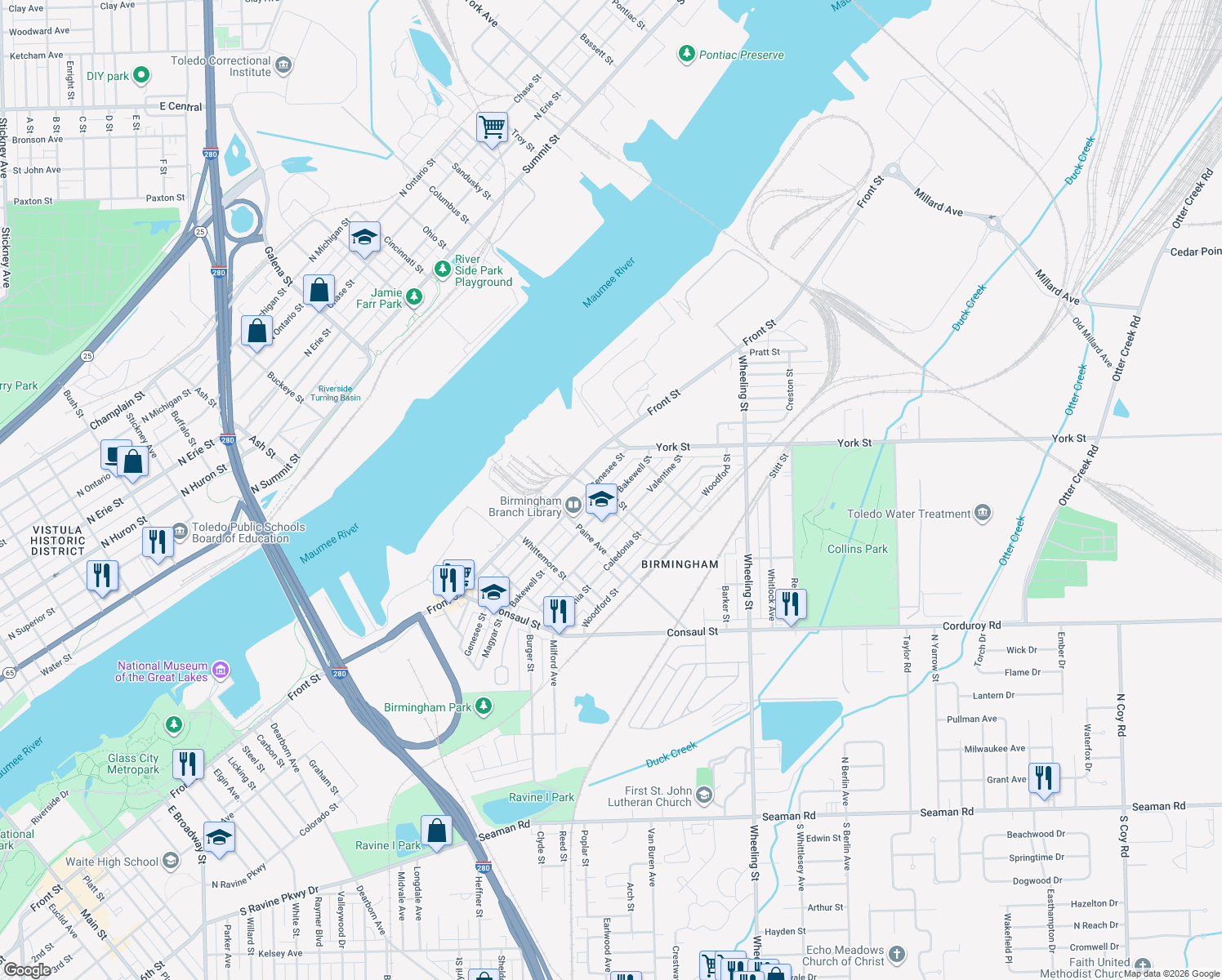 map of restaurants, bars, coffee shops, grocery stores, and more near 2301 Bakewell St in Toledo