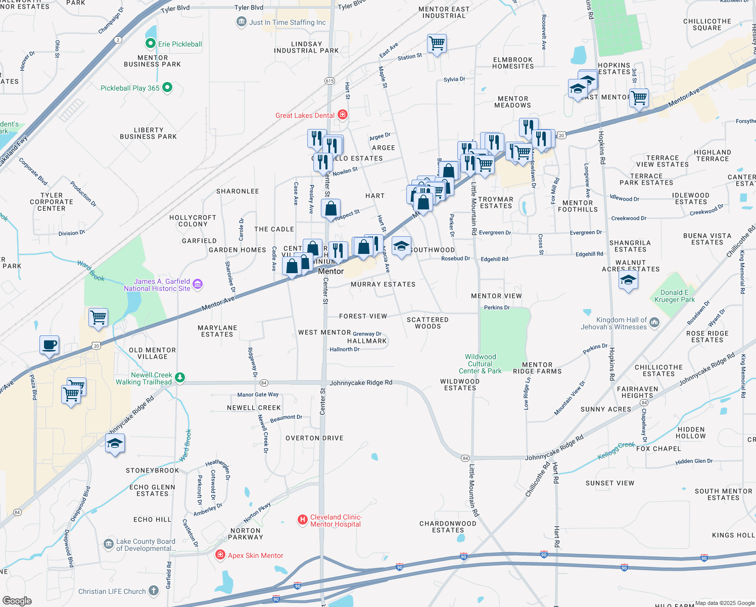 map of restaurants, bars, coffee shops, grocery stores, and more near 7586 Ruth Street in Mentor