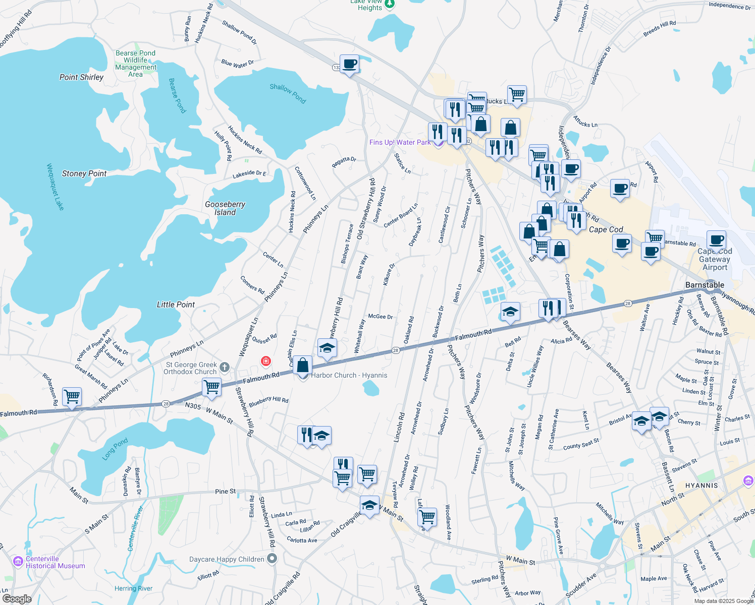 map of restaurants, bars, coffee shops, grocery stores, and more near 27 Kilkore Drive in Barnstable