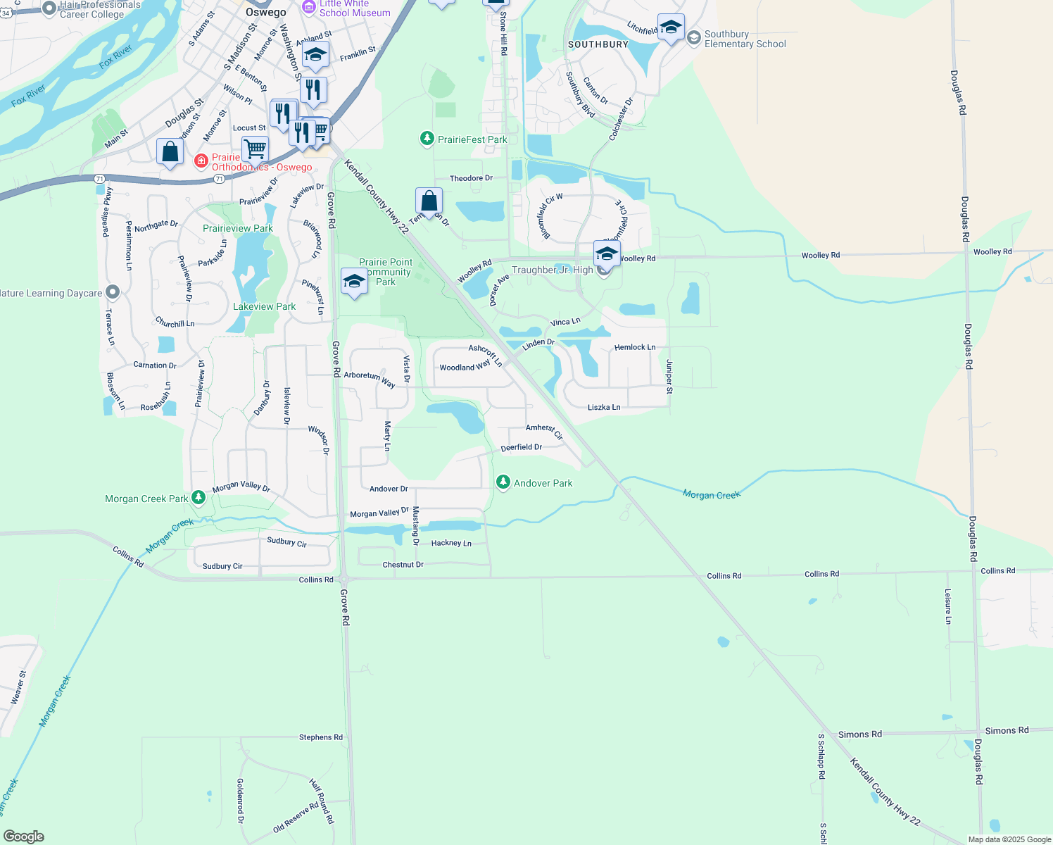 map of restaurants, bars, coffee shops, grocery stores, and more near 265 Ashcroft Lane in Oswego