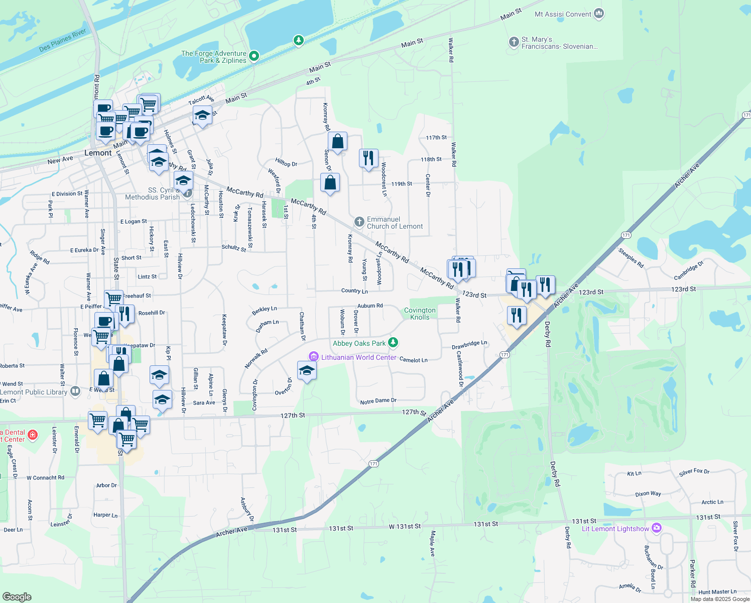 map of restaurants, bars, coffee shops, grocery stores, and more near 1211 Auburn Road in Lemont