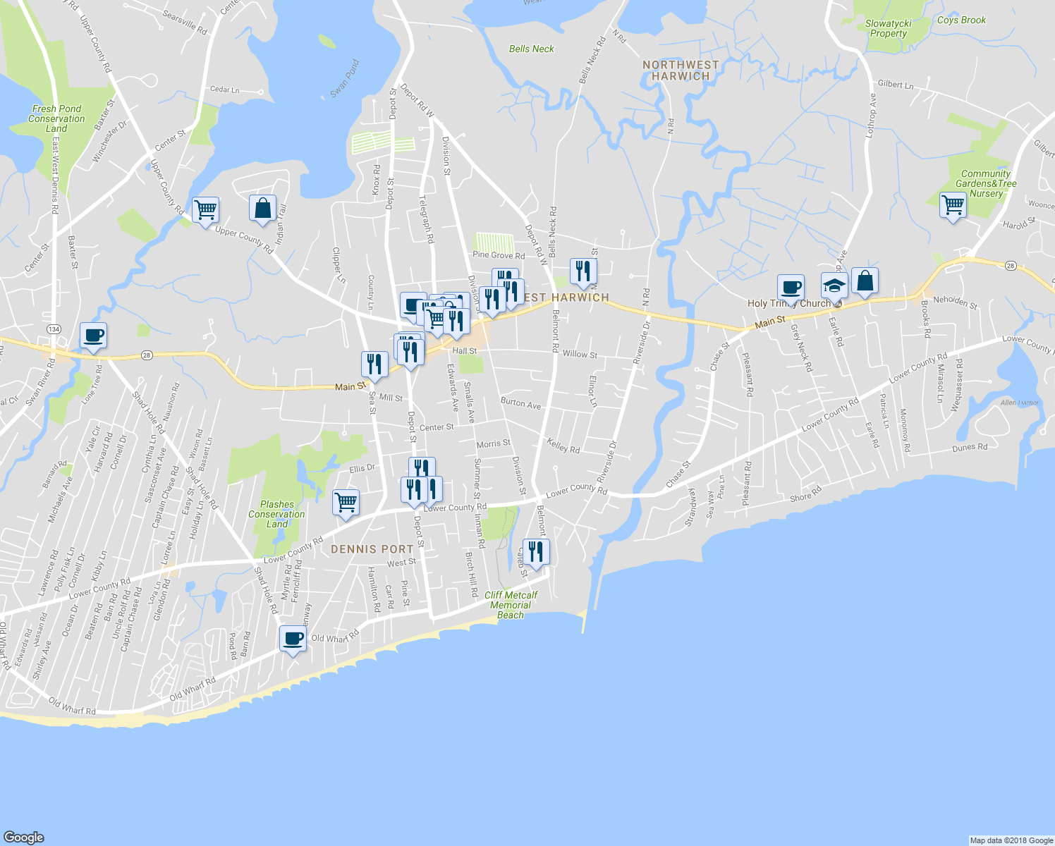 map of restaurants, bars, coffee shops, grocery stores, and more near 13 Kelley Road in Harwich