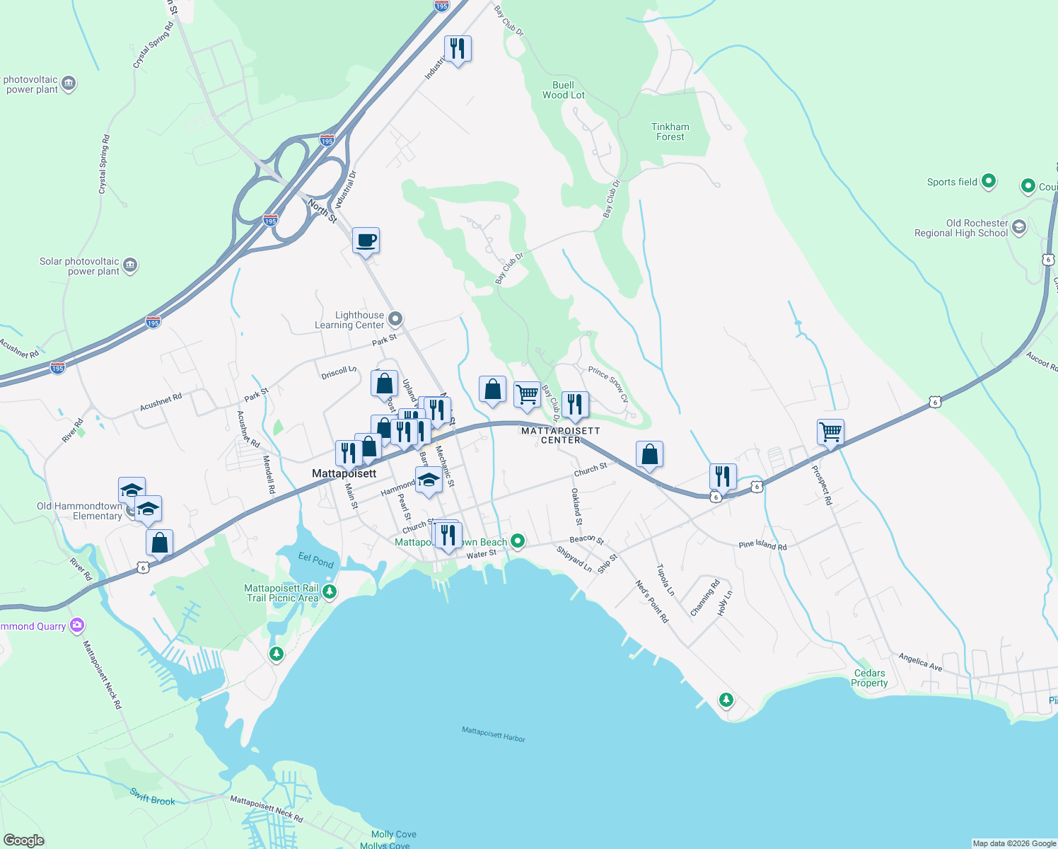 map of restaurants, bars, coffee shops, grocery stores, and more near 63 County Road in Mattapoisett