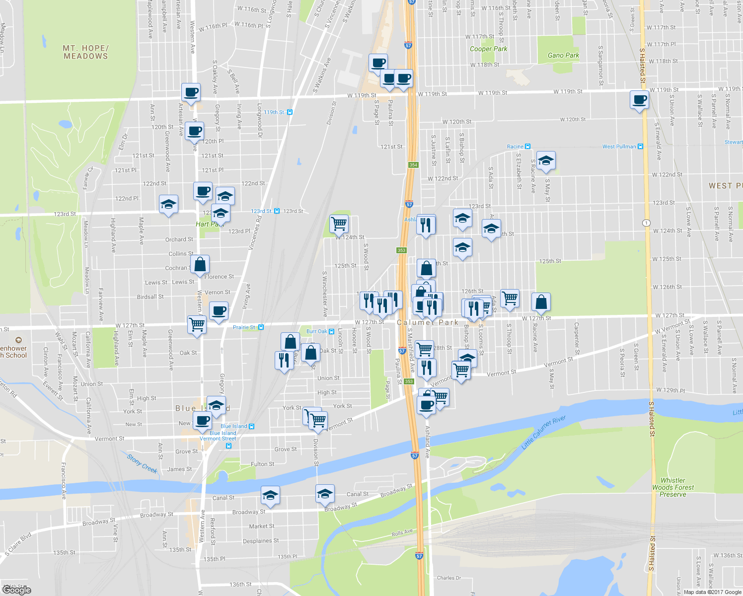 map of restaurants, bars, coffee shops, grocery stores, and more near 12605 Wood Street in Calumet Park