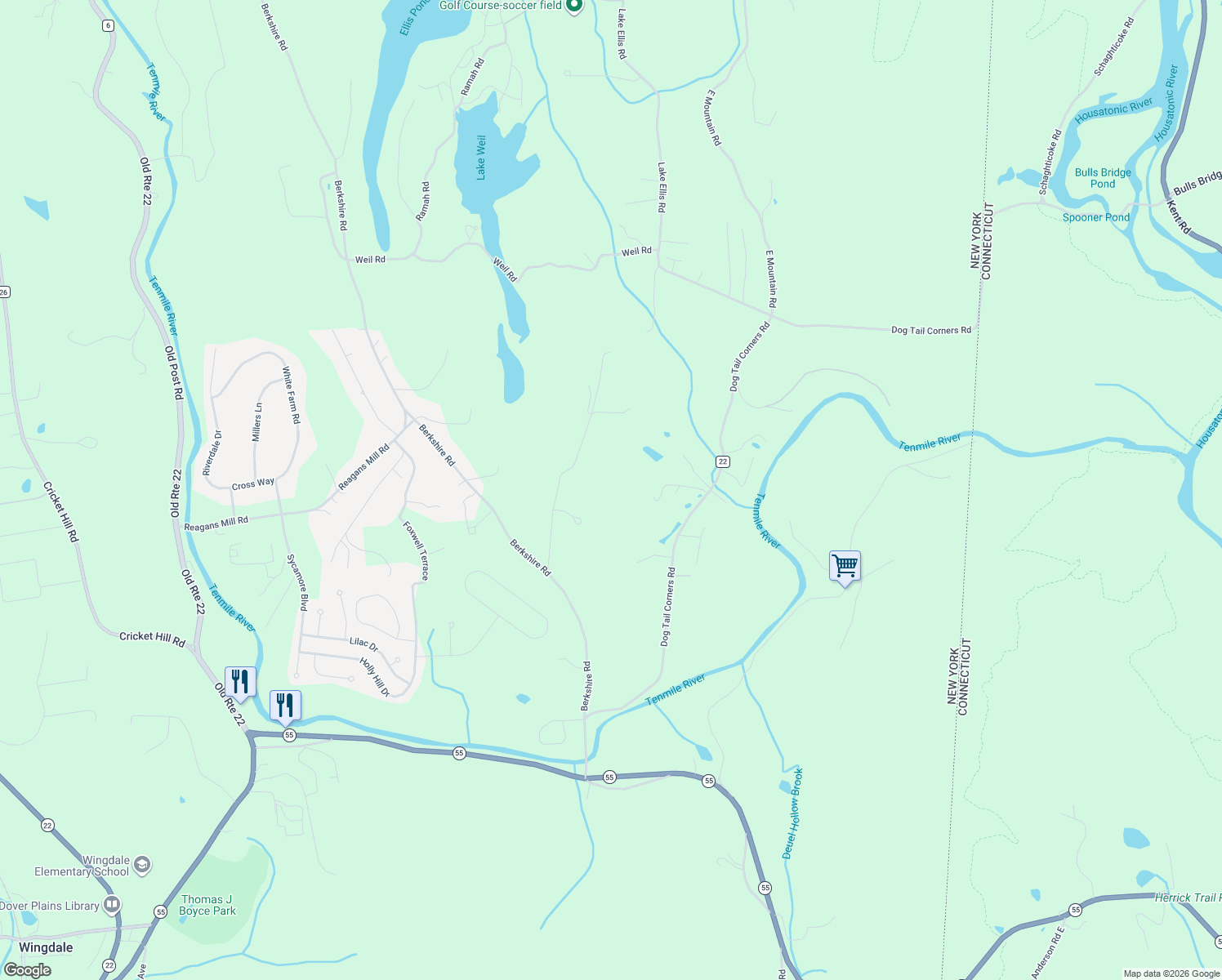 map of restaurants, bars, coffee shops, grocery stores, and more near 48 Old Branch Road in Wingdale