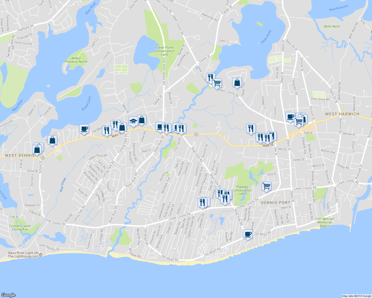 map of restaurants, bars, coffee shops, grocery stores, and more near 15 Colony Road in Dennis