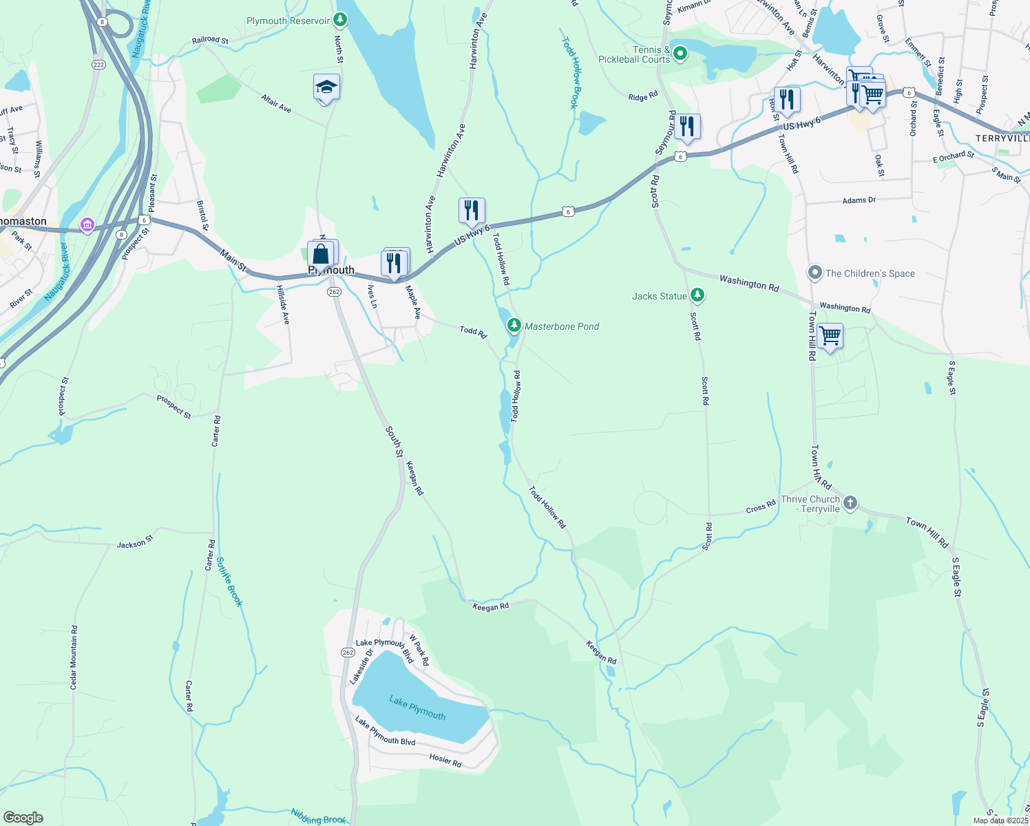 map of restaurants, bars, coffee shops, grocery stores, and more near 123 Todd Hollow Road in Plymouth