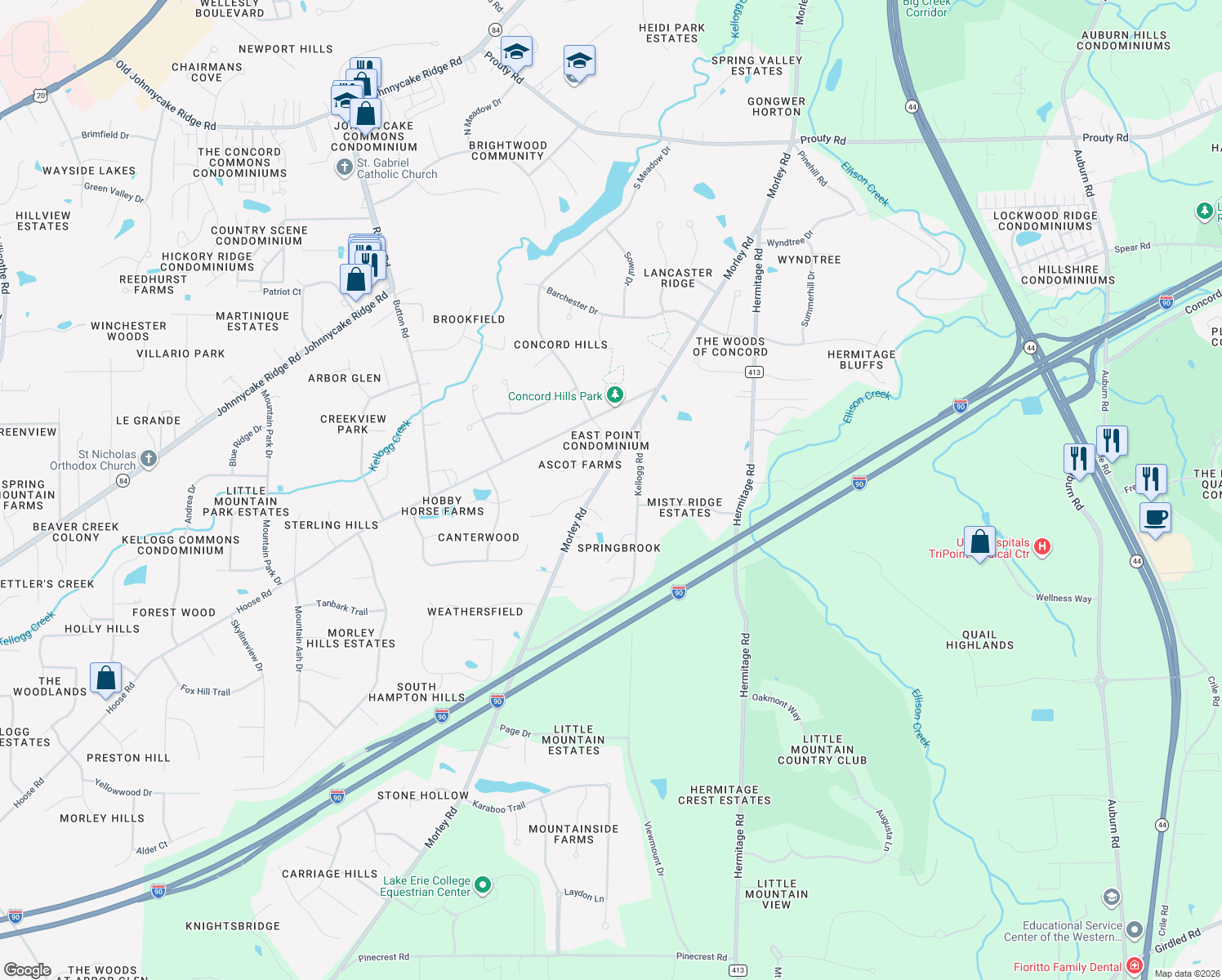 map of restaurants, bars, coffee shops, grocery stores, and more near 7505 Morley Rd in Mentor