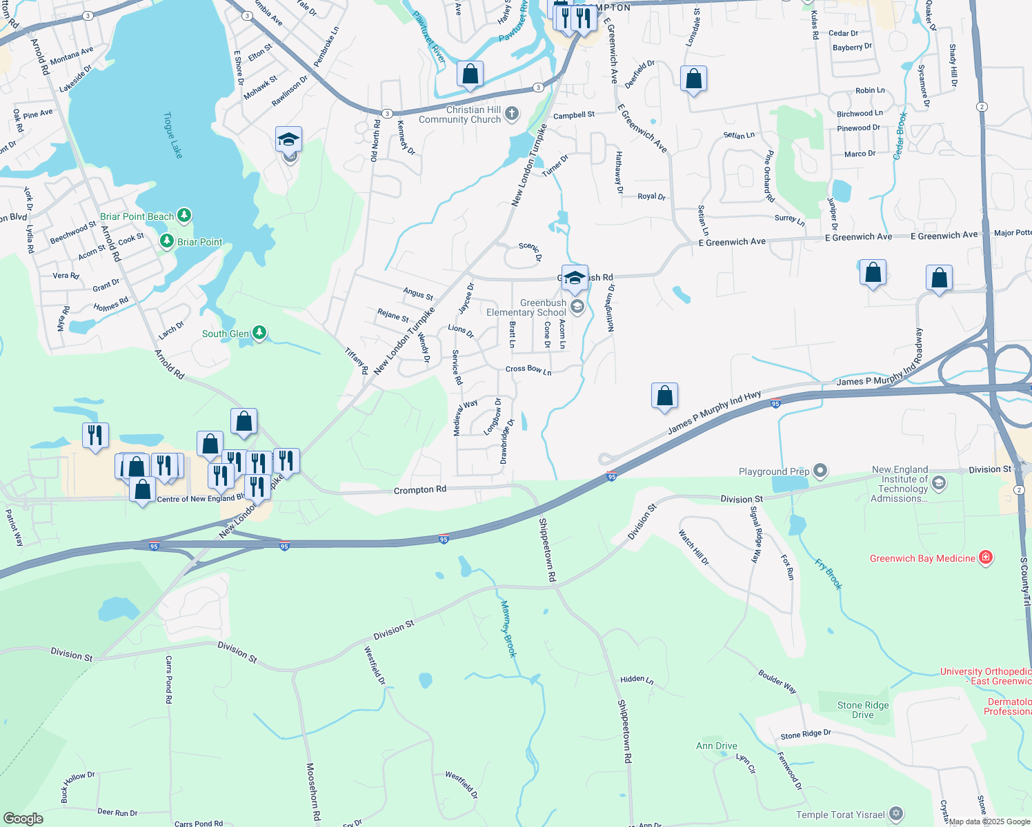 map of restaurants, bars, coffee shops, grocery stores, and more near 10 Drawbridge Drive in West Warwick