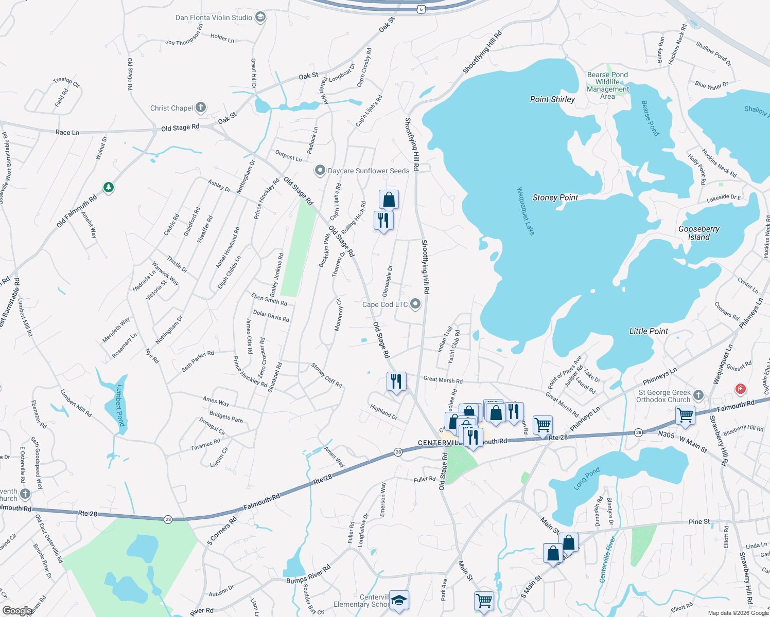 map of restaurants, bars, coffee shops, grocery stores, and more near 30 Gleneagle Drive in Barnstable