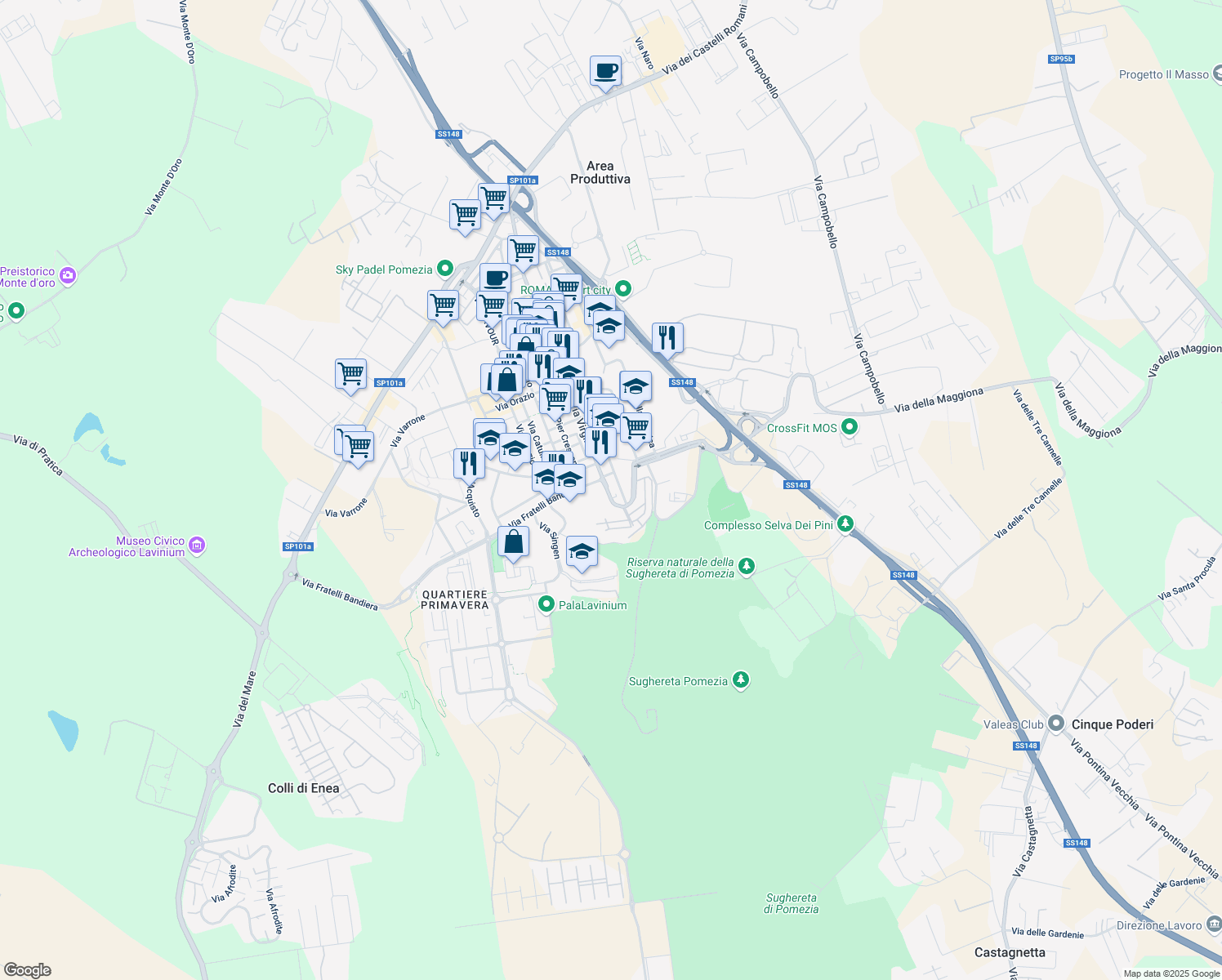 map of restaurants, bars, coffee shops, grocery stores, and more near 89 Via Virgilio in Pomezia