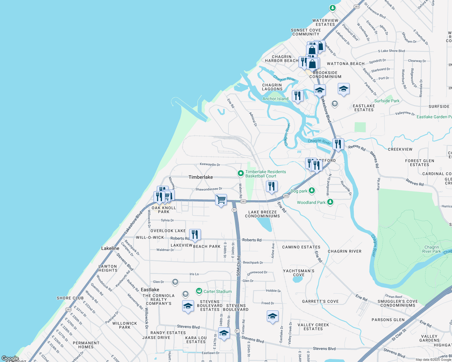 map of restaurants, bars, coffee shops, grocery stores, and more near 90 E Shore Blvd in Timberlake