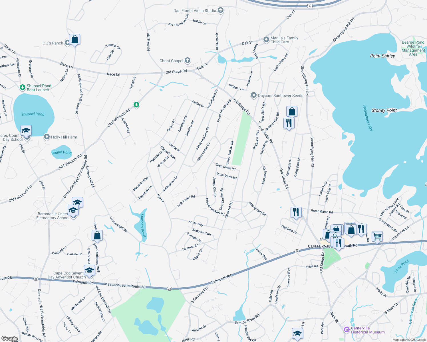 map of restaurants, bars, coffee shops, grocery stores, and more near 23 James Otis Road in Barnstable