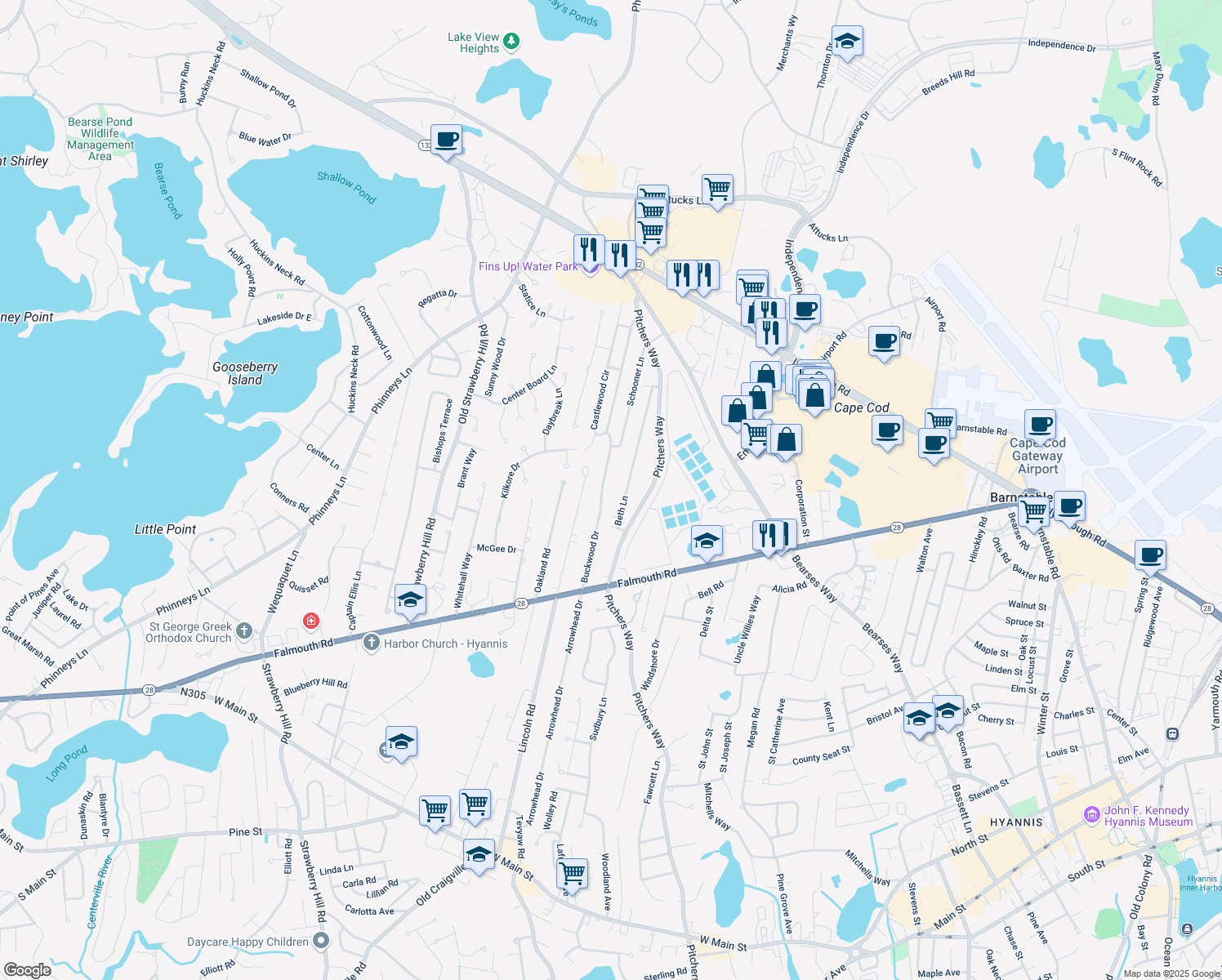 map of restaurants, bars, coffee shops, grocery stores, and more near 82 Buckwood Dr in Barnstable
