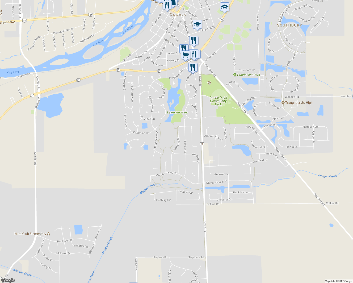 map of restaurants, bars, coffee shops, grocery stores, and more near 527 Danbury Drive in Oswego