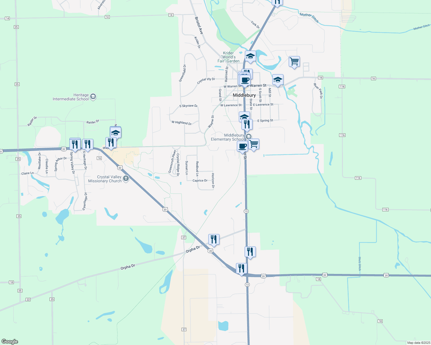 map of restaurants, bars, coffee shops, grocery stores, and more near 516 Horizon Dr in Middlebury
