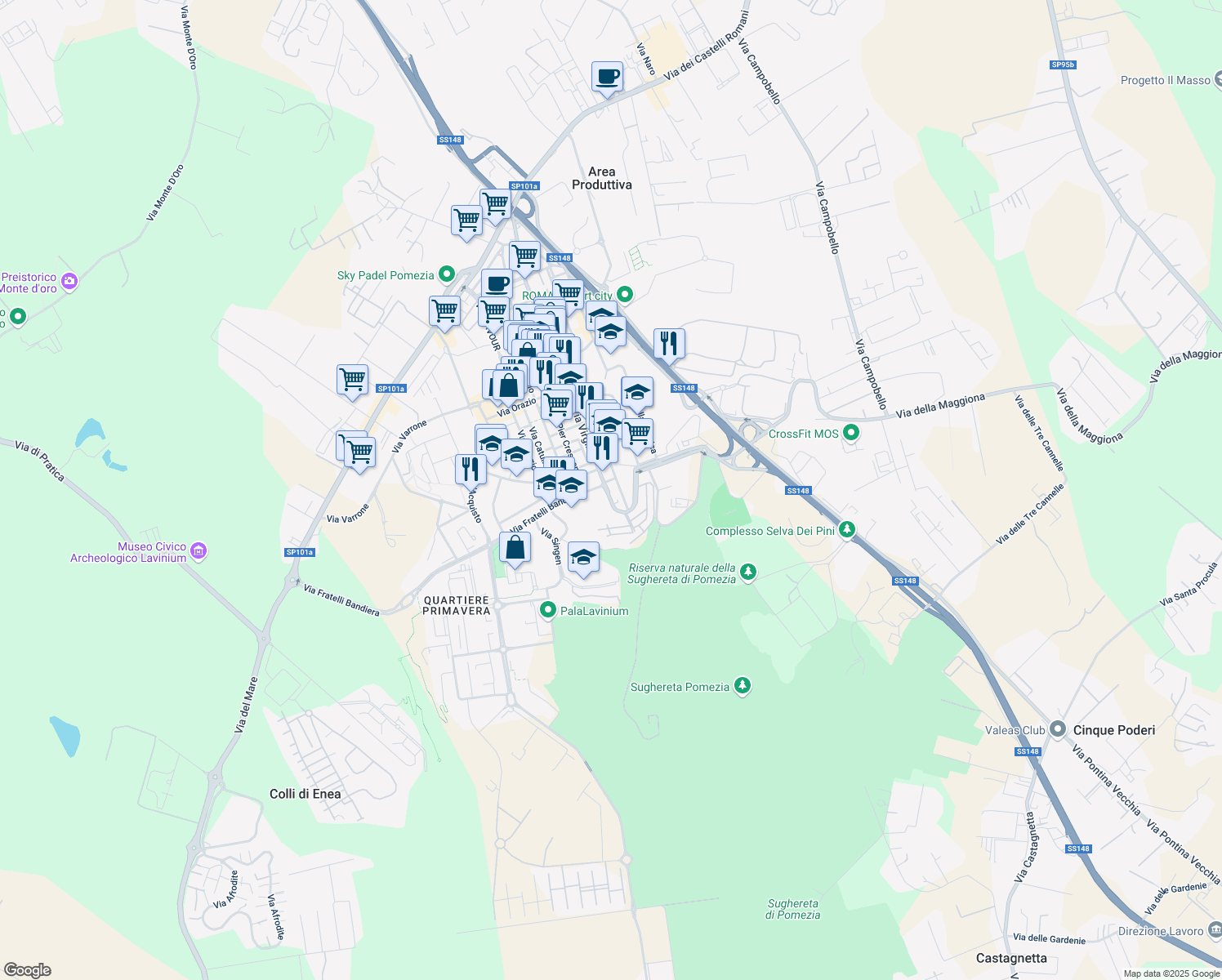 map of restaurants, bars, coffee shops, grocery stores, and more near 89 Via Virgilio in Pomezia