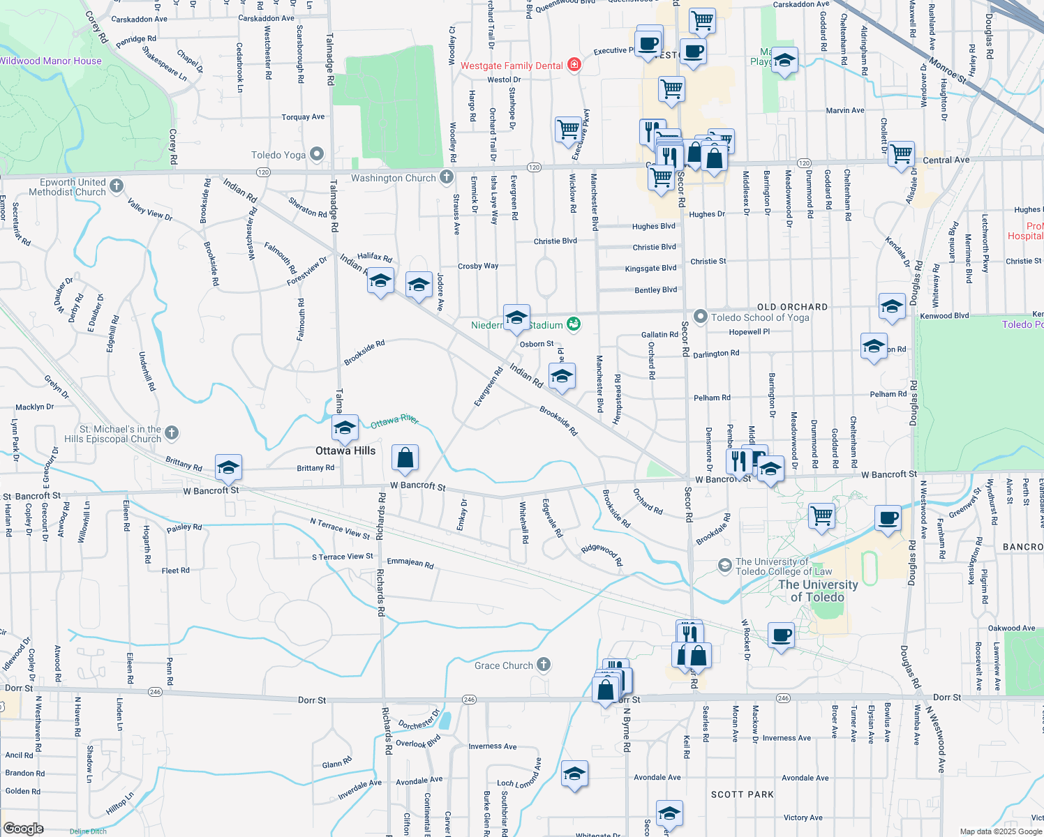 map of restaurants, bars, coffee shops, grocery stores, and more near 3711 Sulphur Spring Rd in Toledo