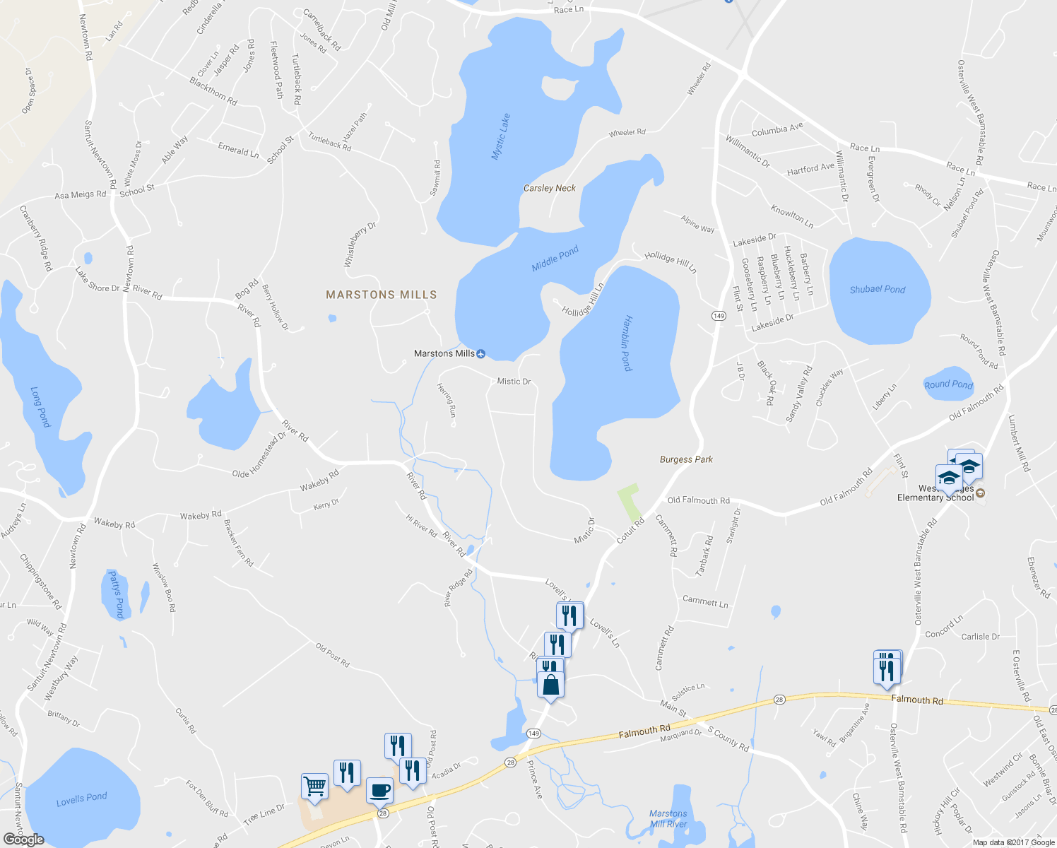 map of restaurants, bars, coffee shops, grocery stores, and more near 279 Mistic Drive in Barnstable