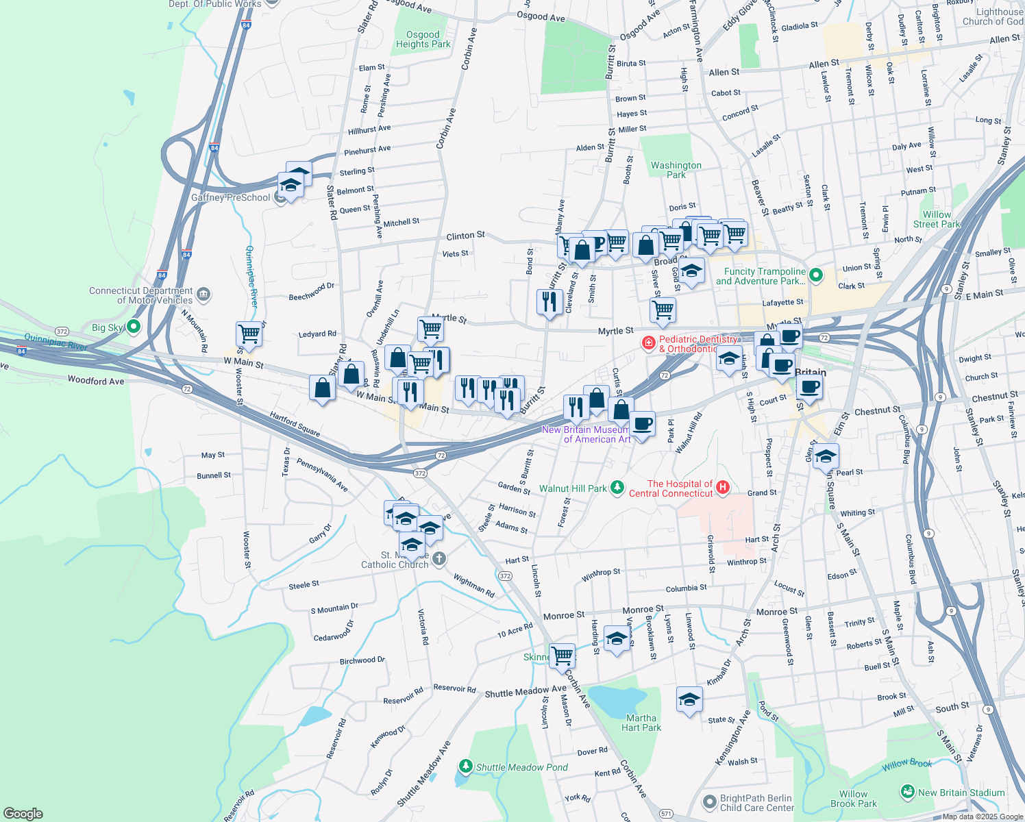 map of restaurants, bars, coffee shops, grocery stores, and more near 527 West Main Street in New Britain