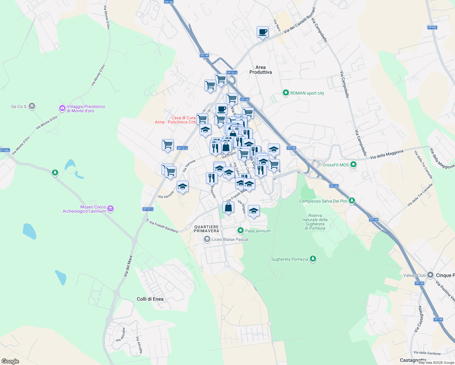 map of restaurants, bars, coffee shops, grocery stores, and more near 15 Via Niccolò Copernico in Pomezia
