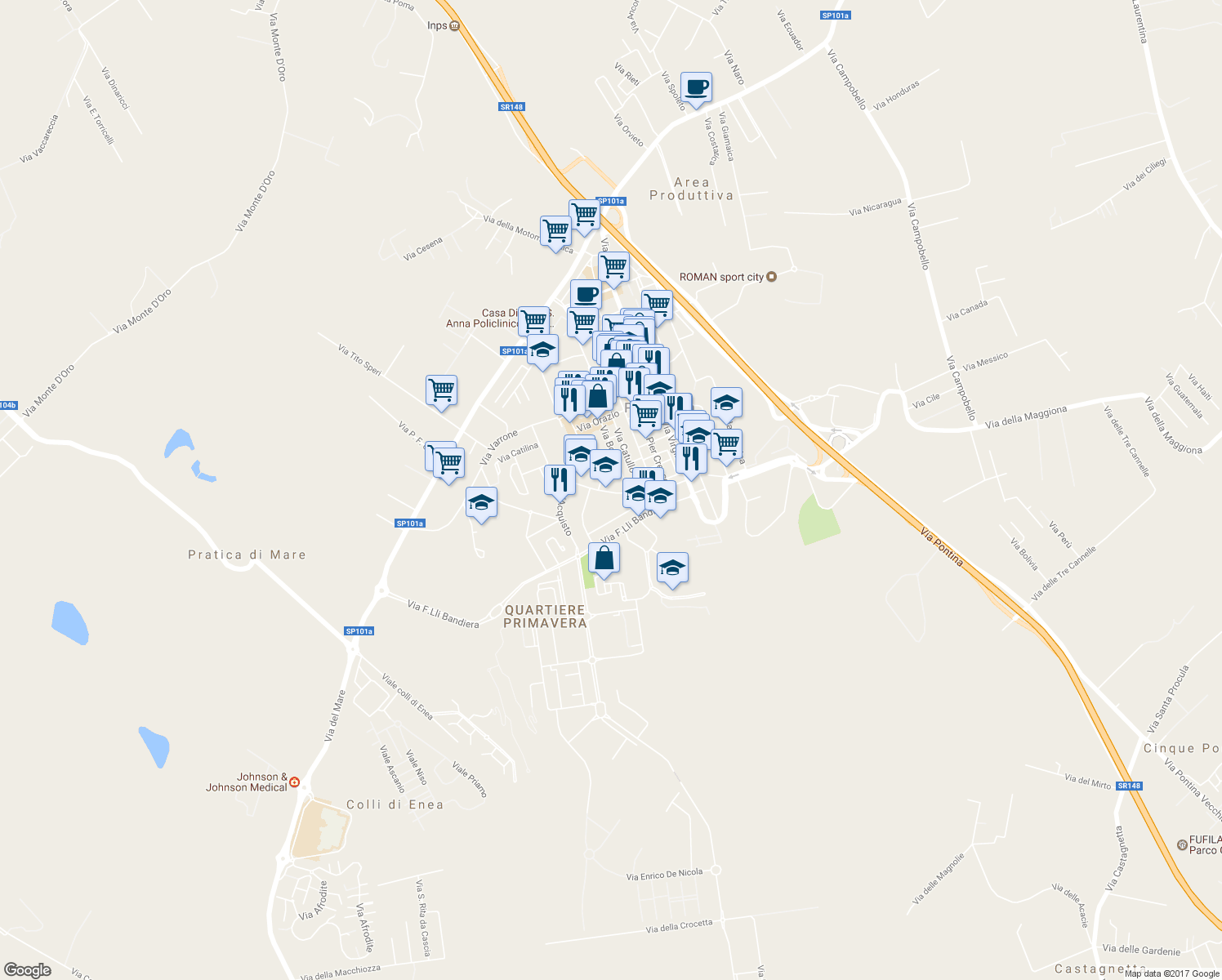 map of restaurants, bars, coffee shops, grocery stores, and more near 15 Via Niccolò Copernico in Pomezia