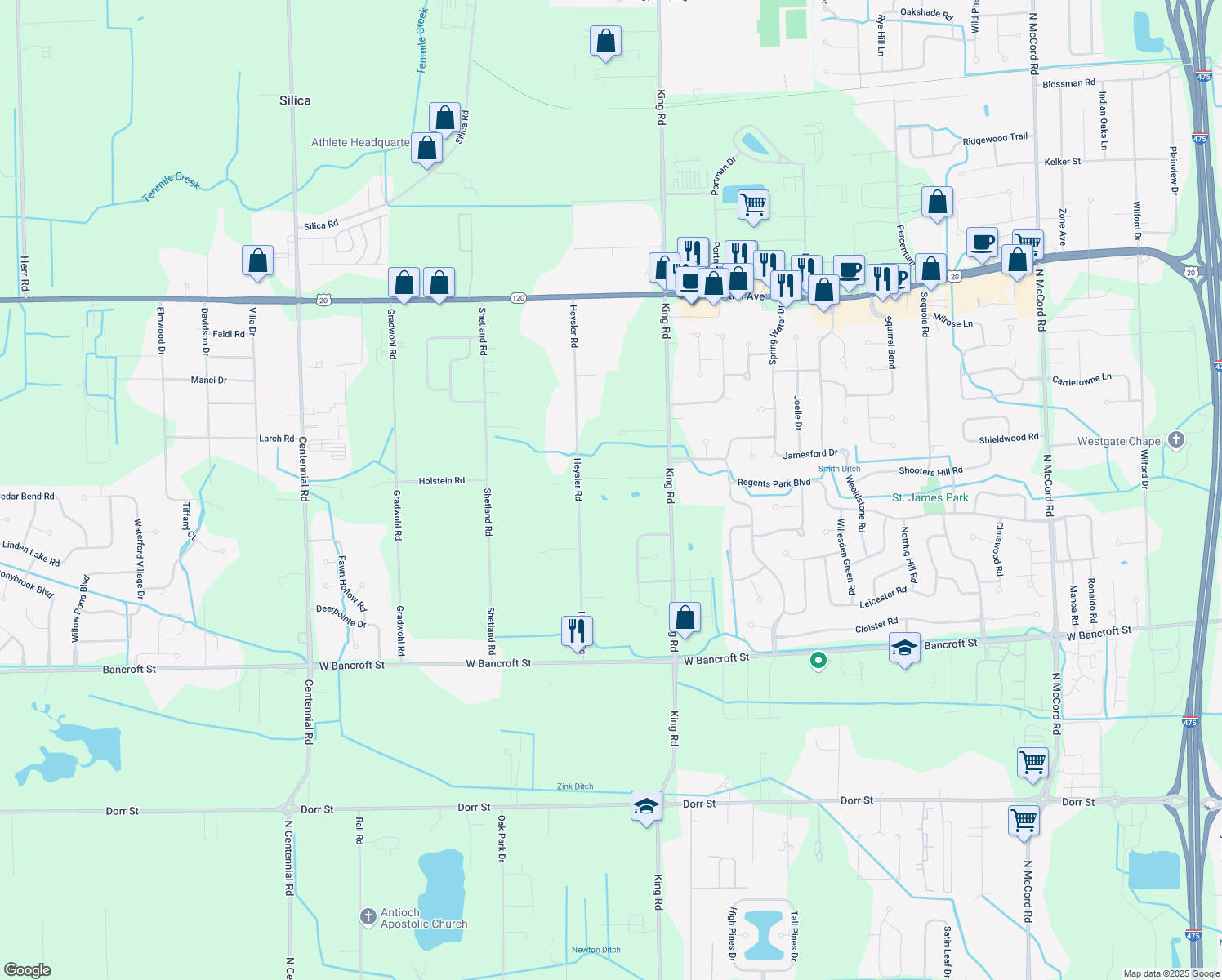 map of restaurants, bars, coffee shops, grocery stores, and more near 7611 Holstein Road in Toledo
