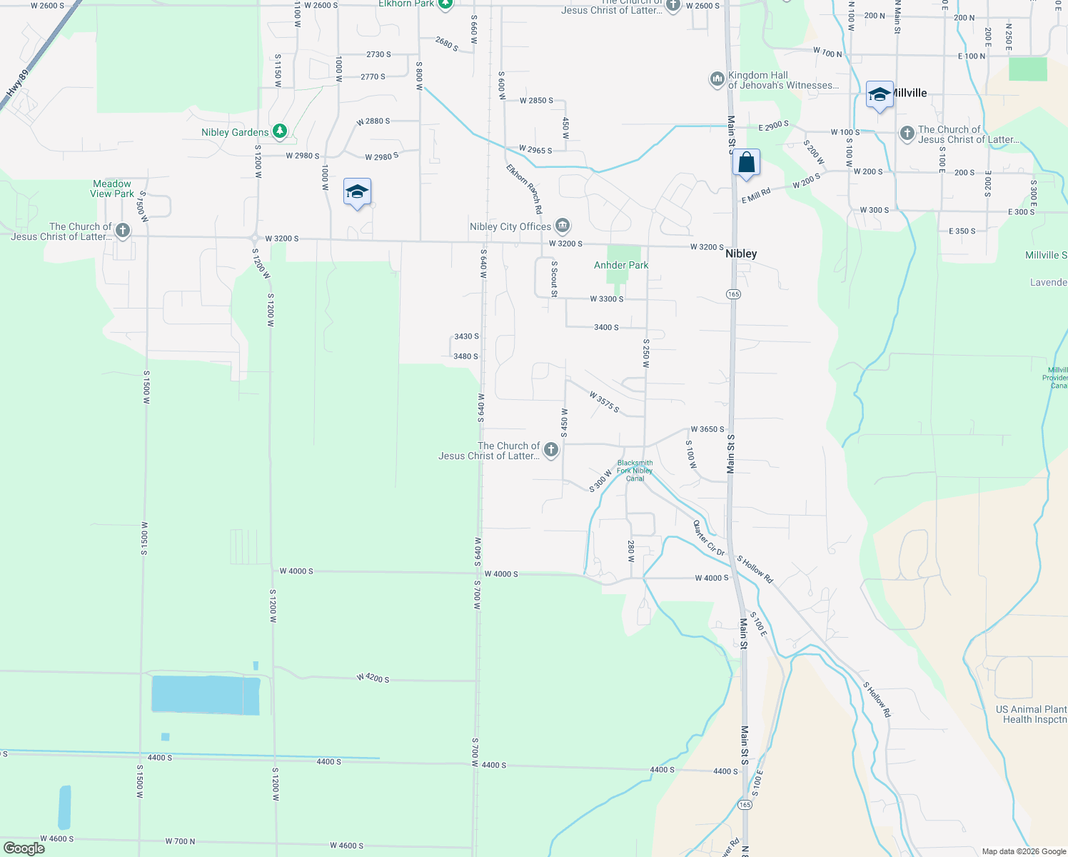 map of restaurants, bars, coffee shops, grocery stores, and more near 3650 South 640 West in Nibley