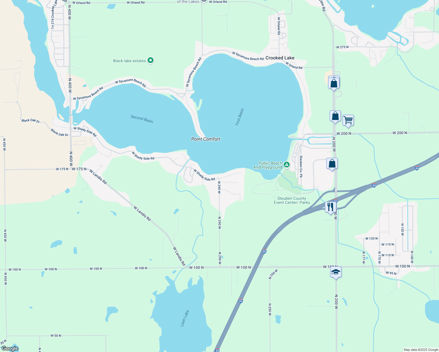 map of restaurants, bars, coffee shops, grocery stores, and more near 2900 W Shady Side Rd in Angola
