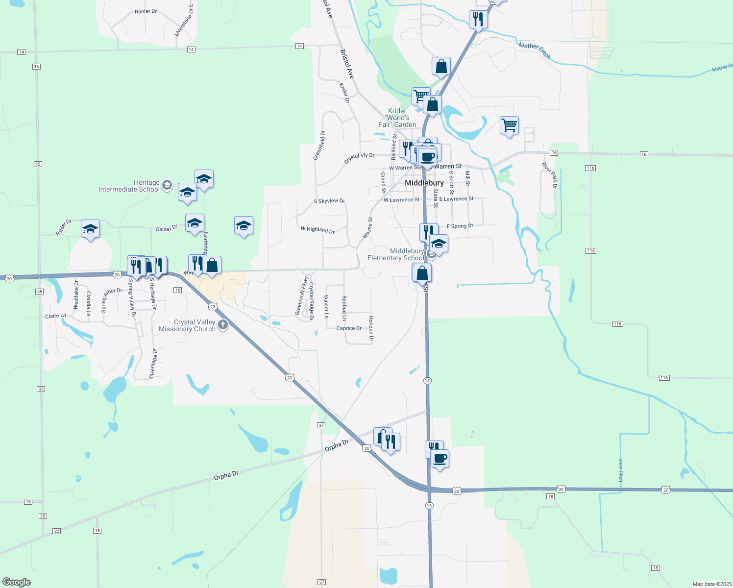map of restaurants, bars, coffee shops, grocery stores, and more near 511 Horizon Dr in Middlebury