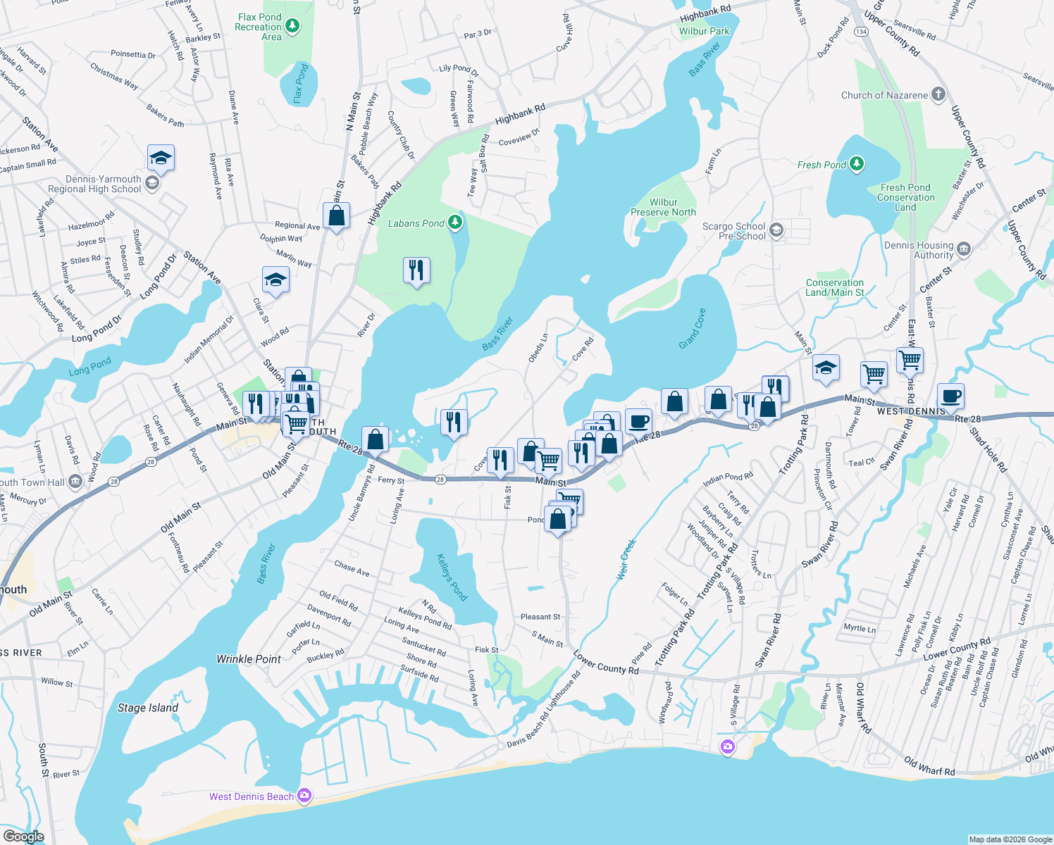 map of restaurants, bars, coffee shops, grocery stores, and more near 51 Church Street in Dennis