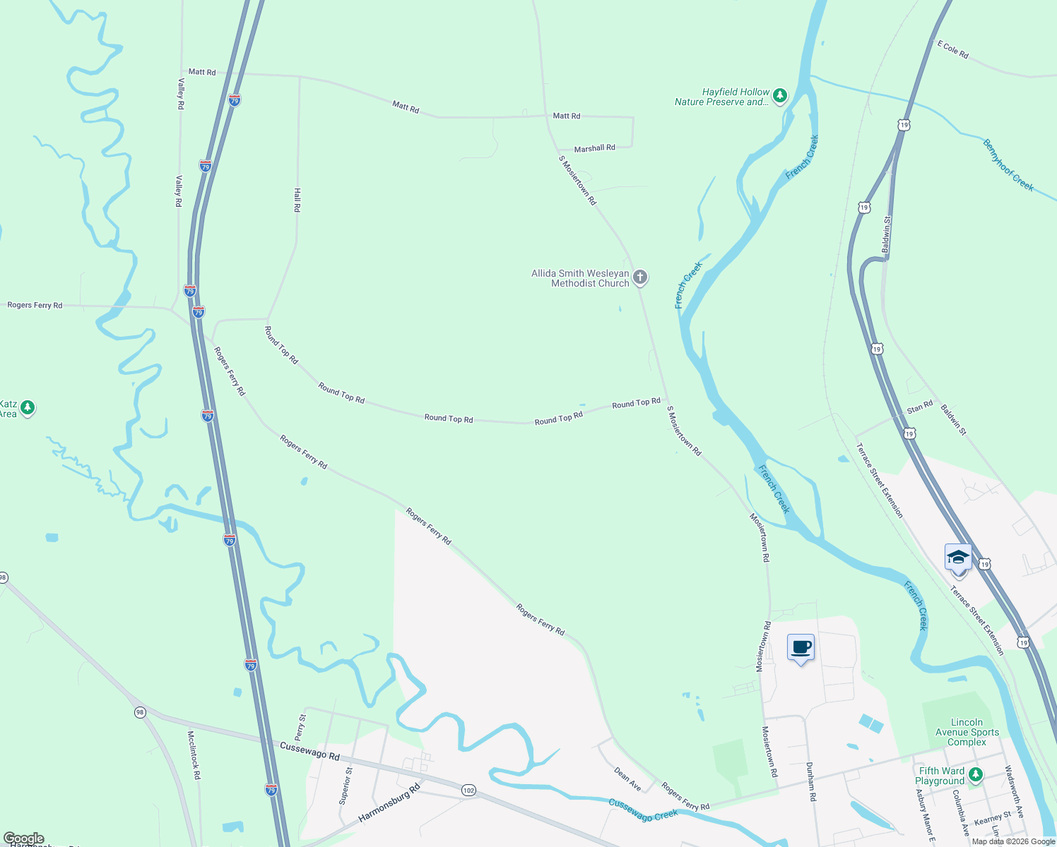 map of restaurants, bars, coffee shops, grocery stores, and more near 17210 Round Top Road in Meadville