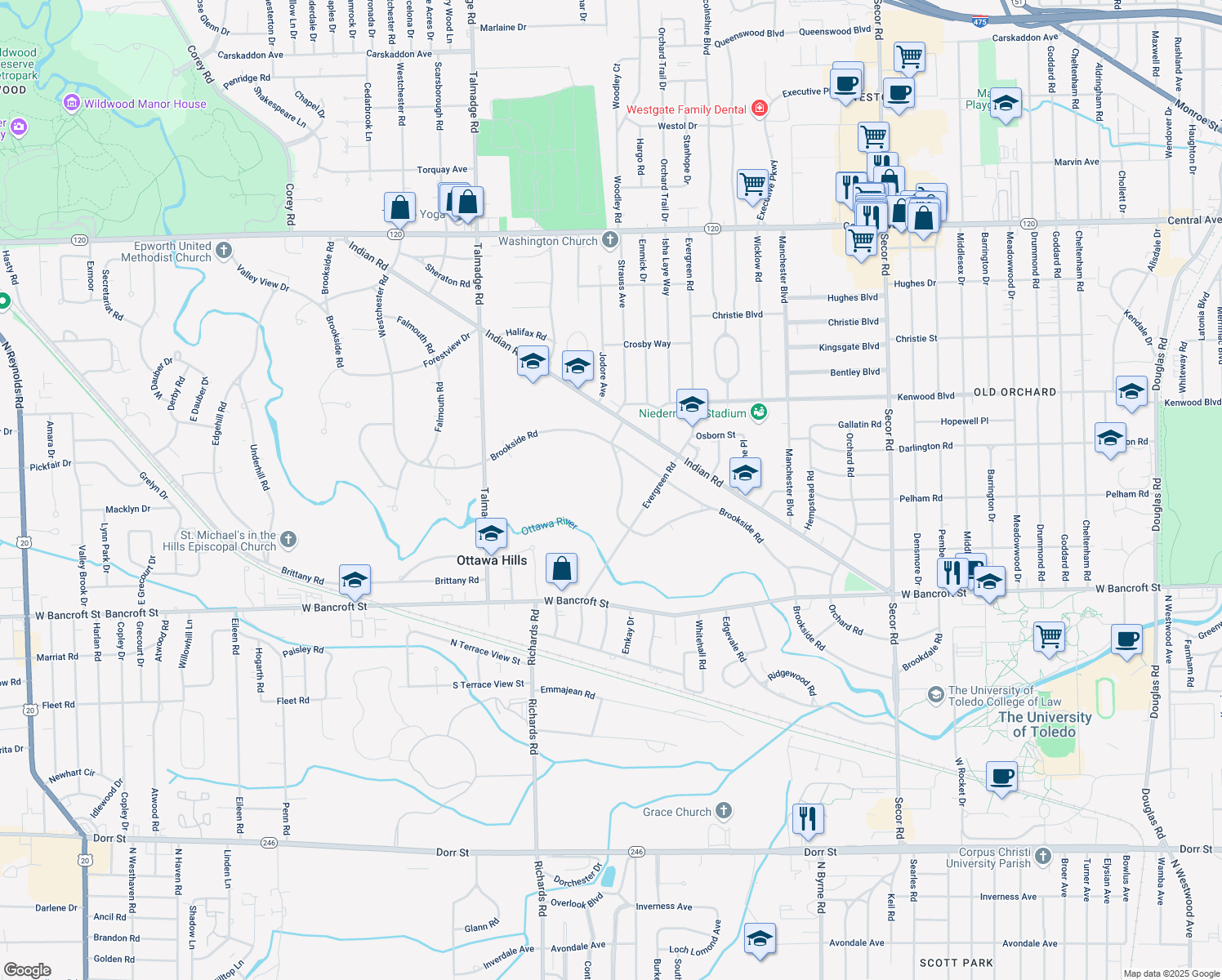 map of restaurants, bars, coffee shops, grocery stores, and more near 3837 Sulphur Spring Road in Toledo